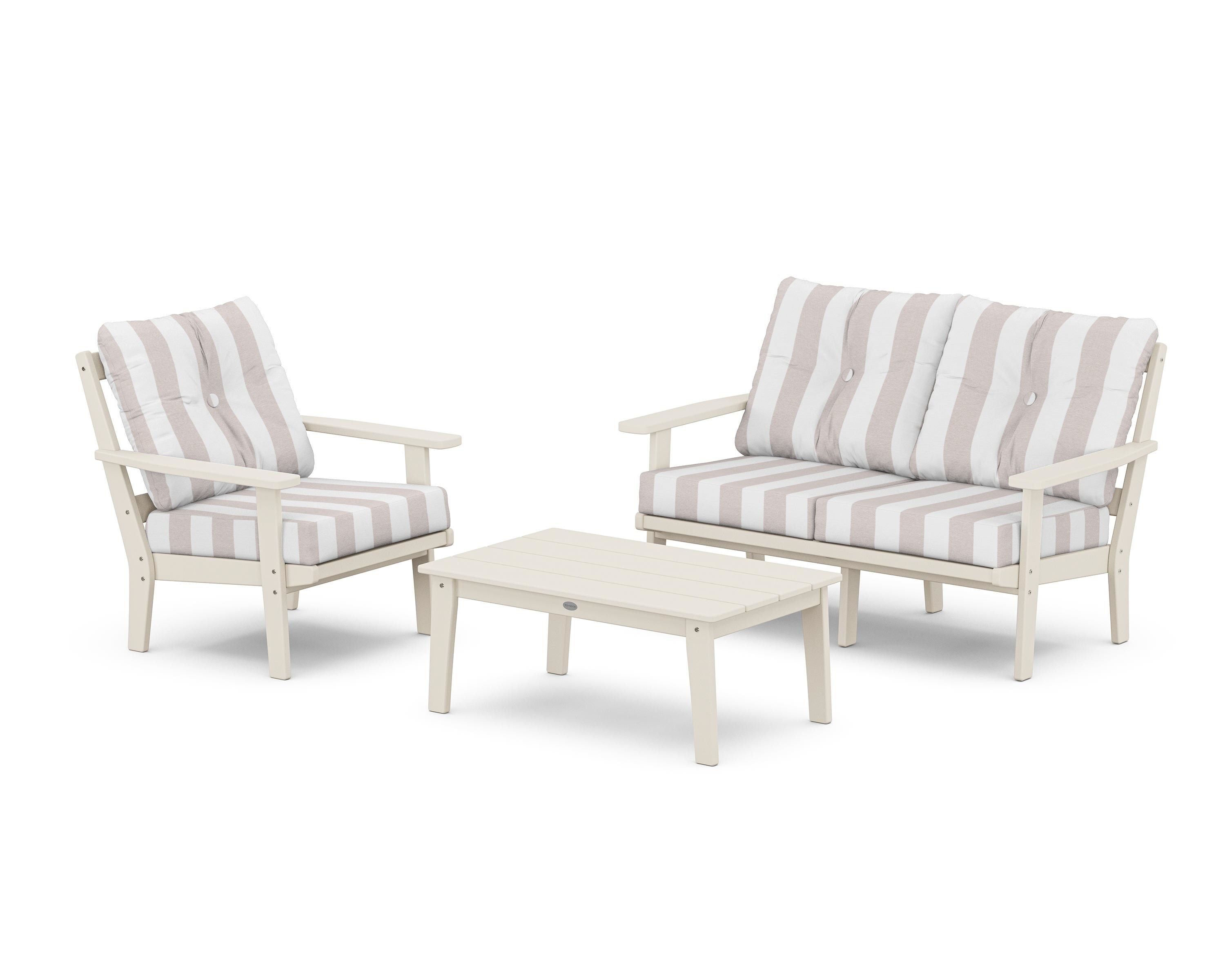 POLYWOOD® Oxford 3-Piece Deep Seating Set with Loveseat in Sand / Cabana Stripe Dune Burlap