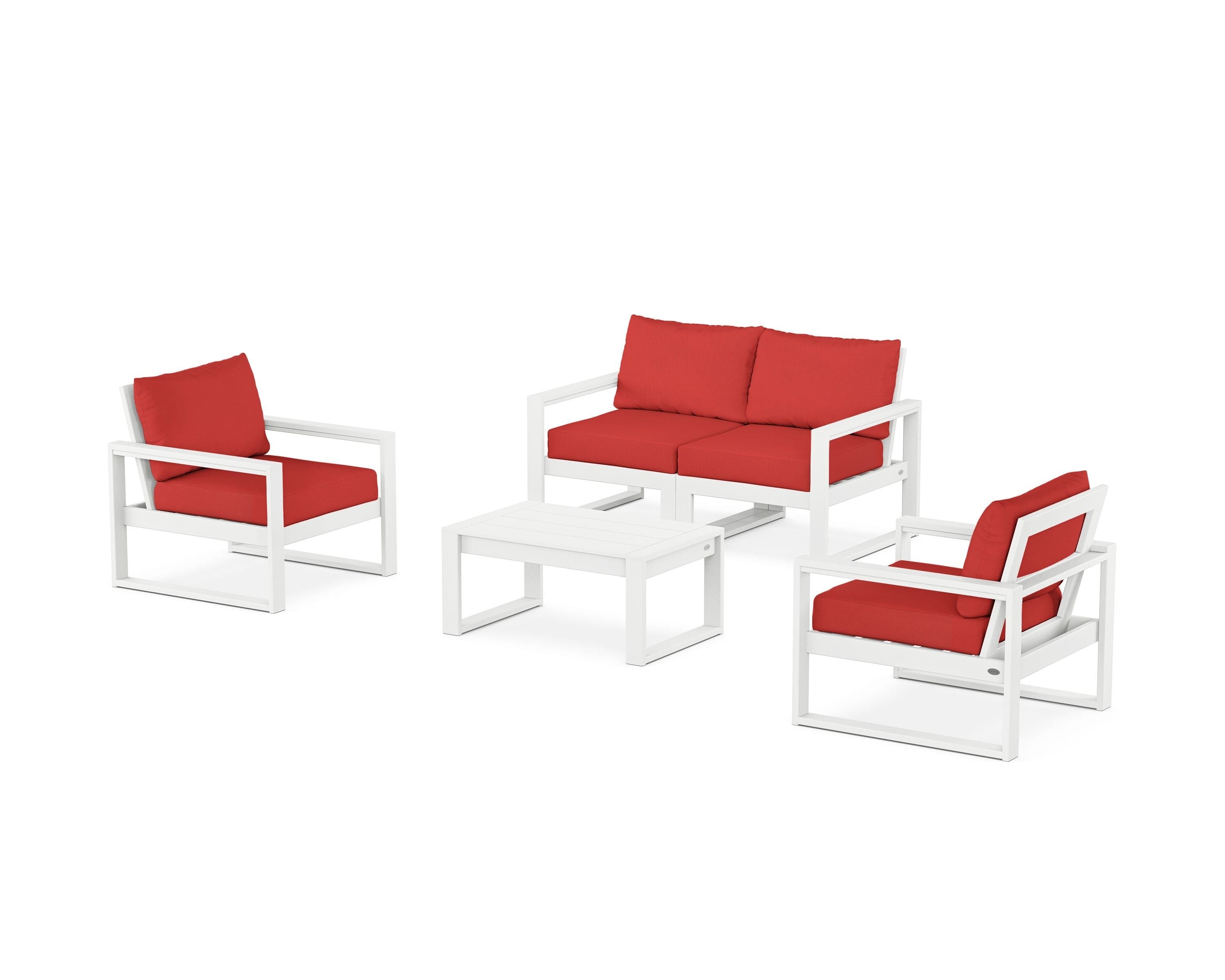 POLYWOOD® EDGE Sectional 4-Piece Deep Seating Set with Loveseat in White / Crimson Linen