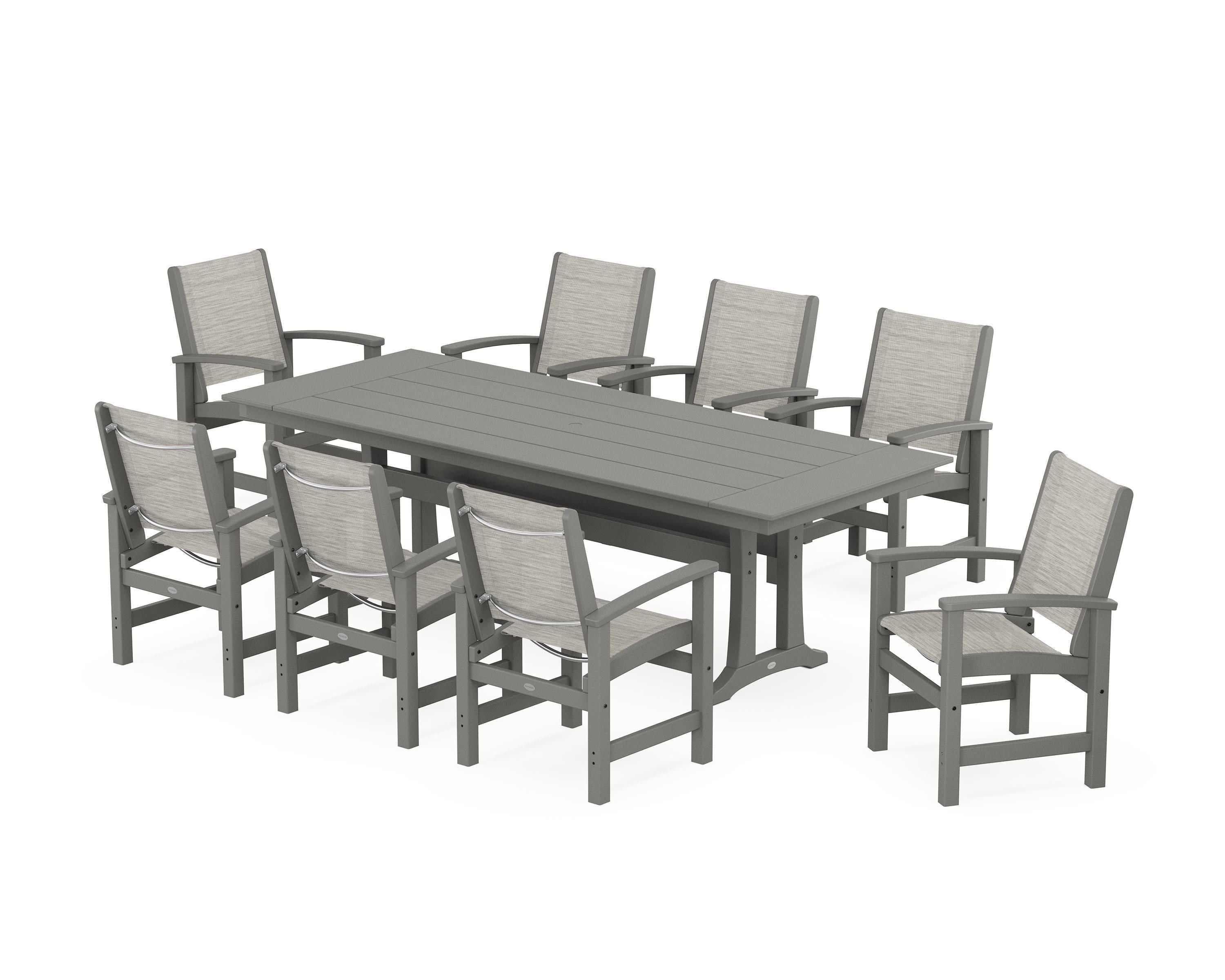 POLYWOOD® Coastal 9-Piece Farmhouse Dining Set with Trestle Legs in Slate Grey / Birch Sling