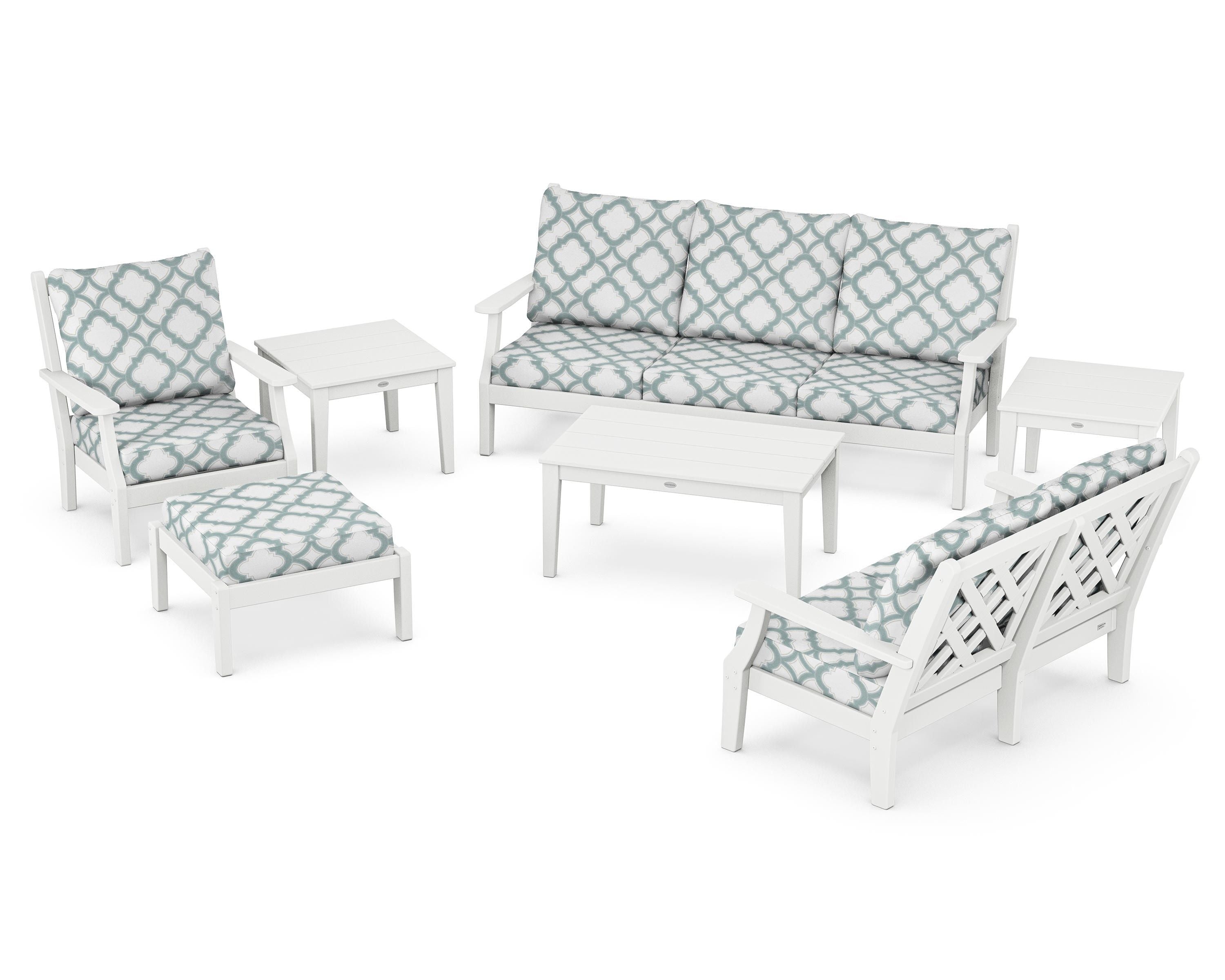 Country Living Wovendale 7-Piece Deep Seating Set in White / Trellis Glacier Spa