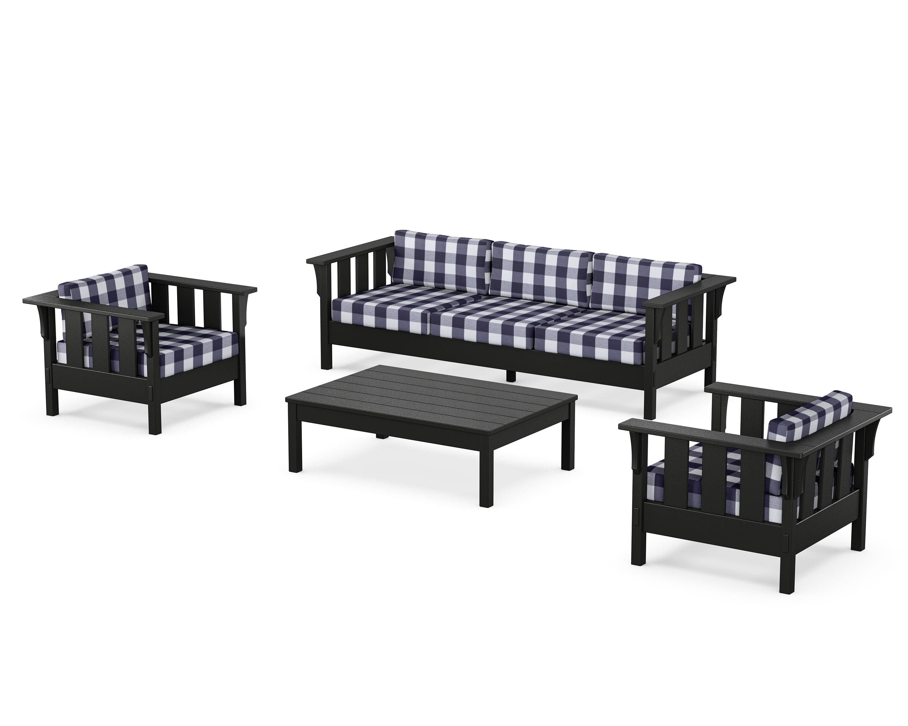 Martha Stewart by POLYWOOD® Acadia 4-Piece Deep Seating Set with Sofa in Black / Buffalo Plaid Navy