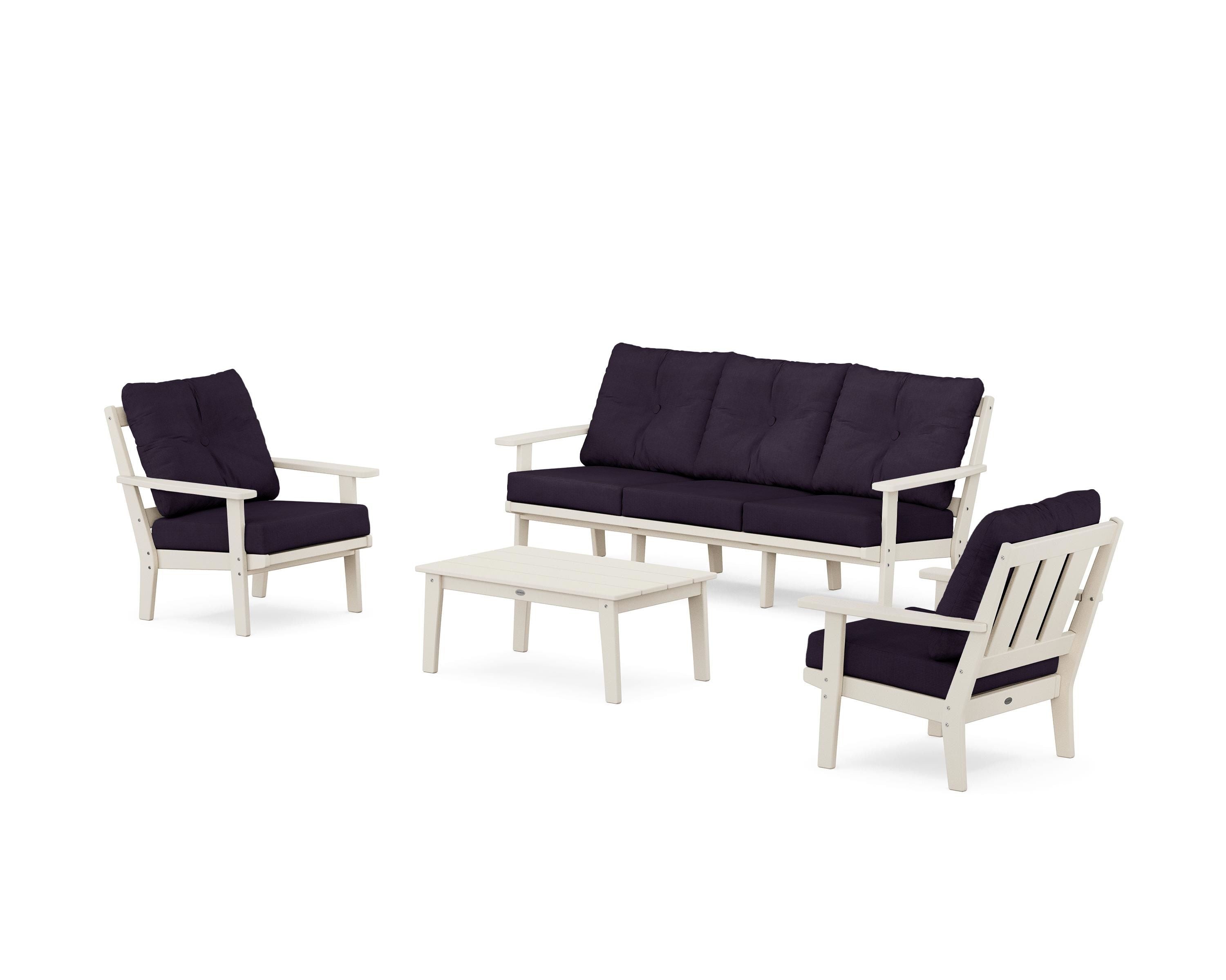 POLYWOOD® Oxford 4-Piece Deep Seating Set with Sofa in Sand / Navy Linen
