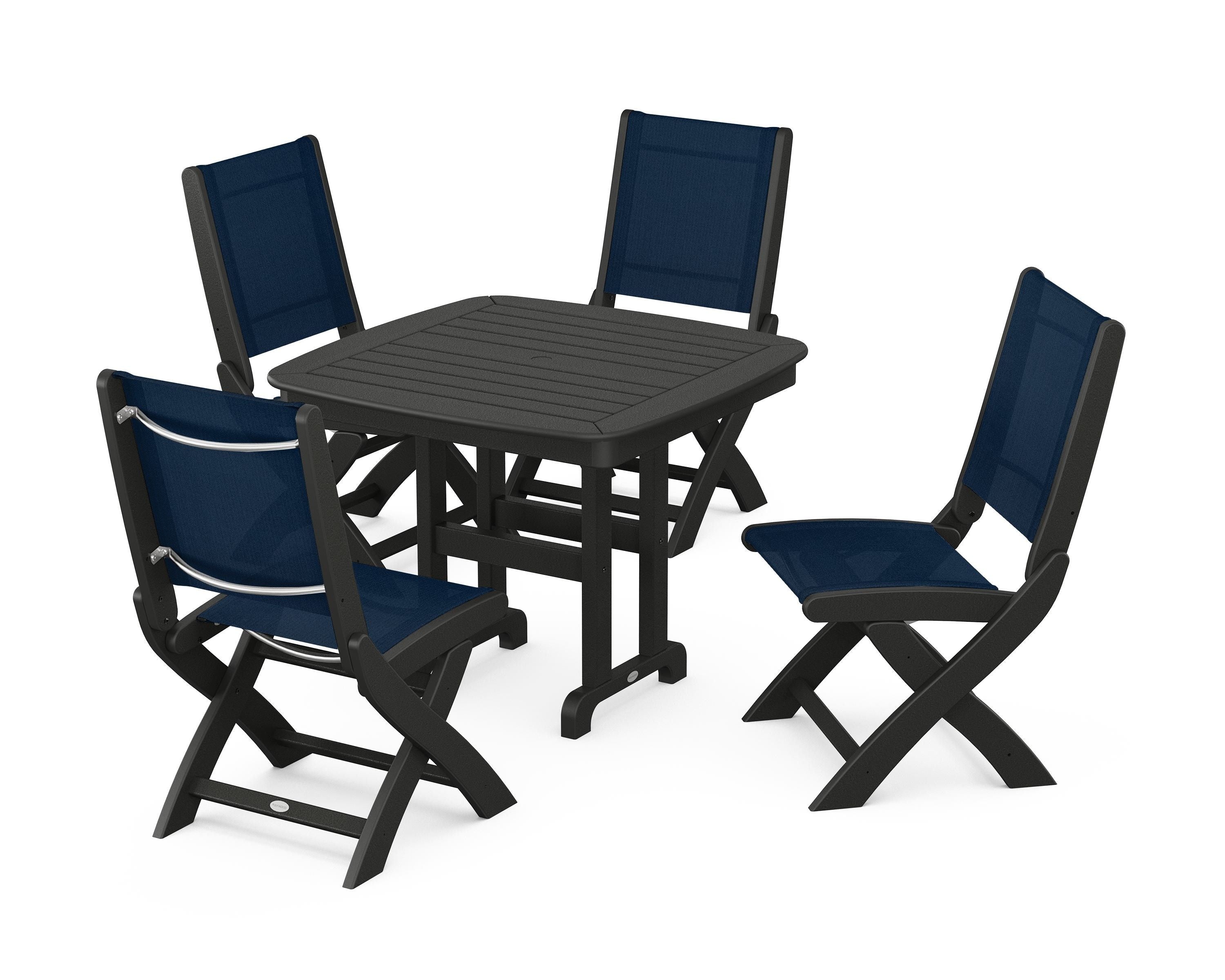 POLYWOOD® Coastal Folding Side Chair 5-Piece Dining Set in Black / Navy Blue Sling
