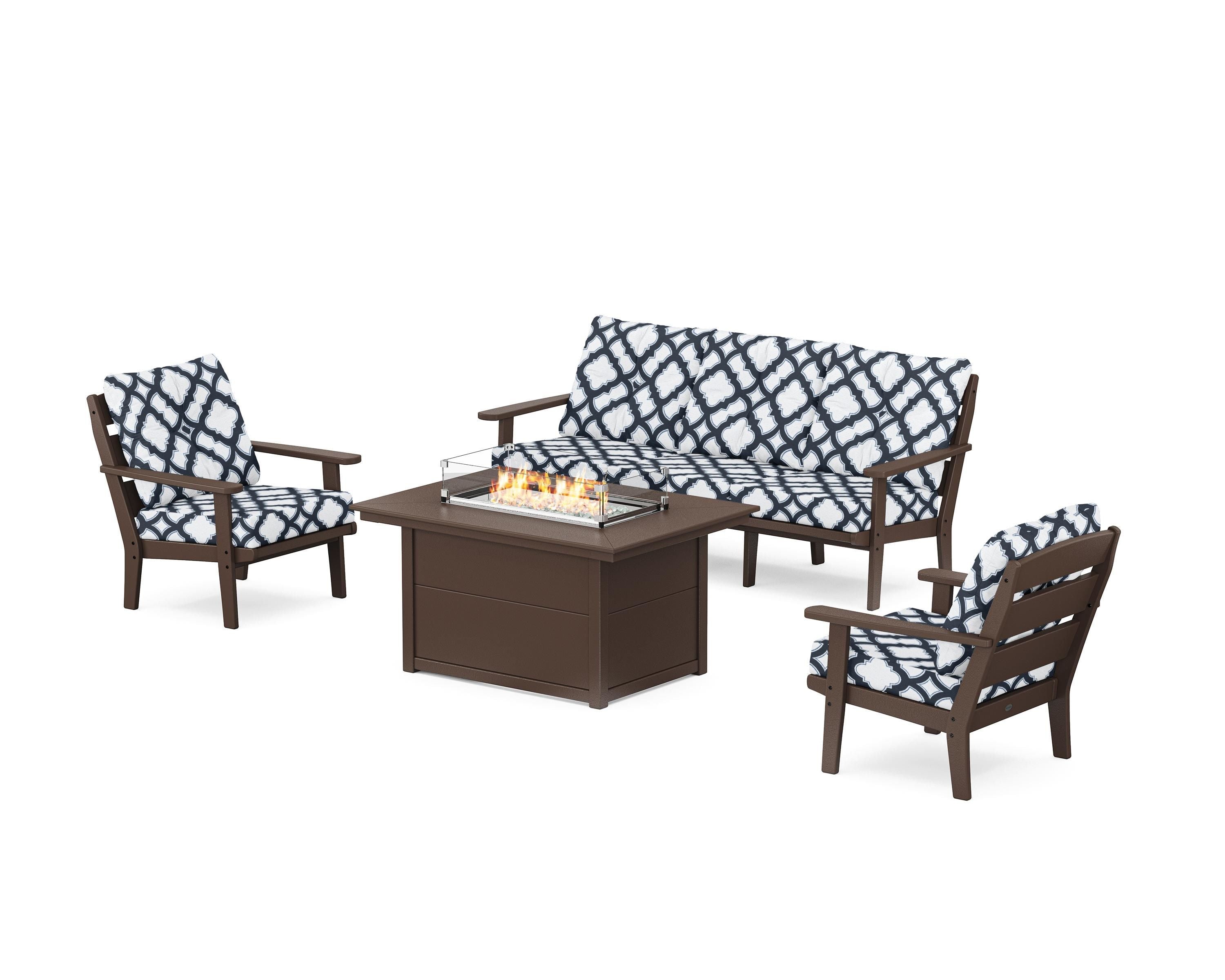 POLYWOOD® Lakeside Deep Seating Fire Pit Table Set in Mahogany / Trellis Marine Indigo