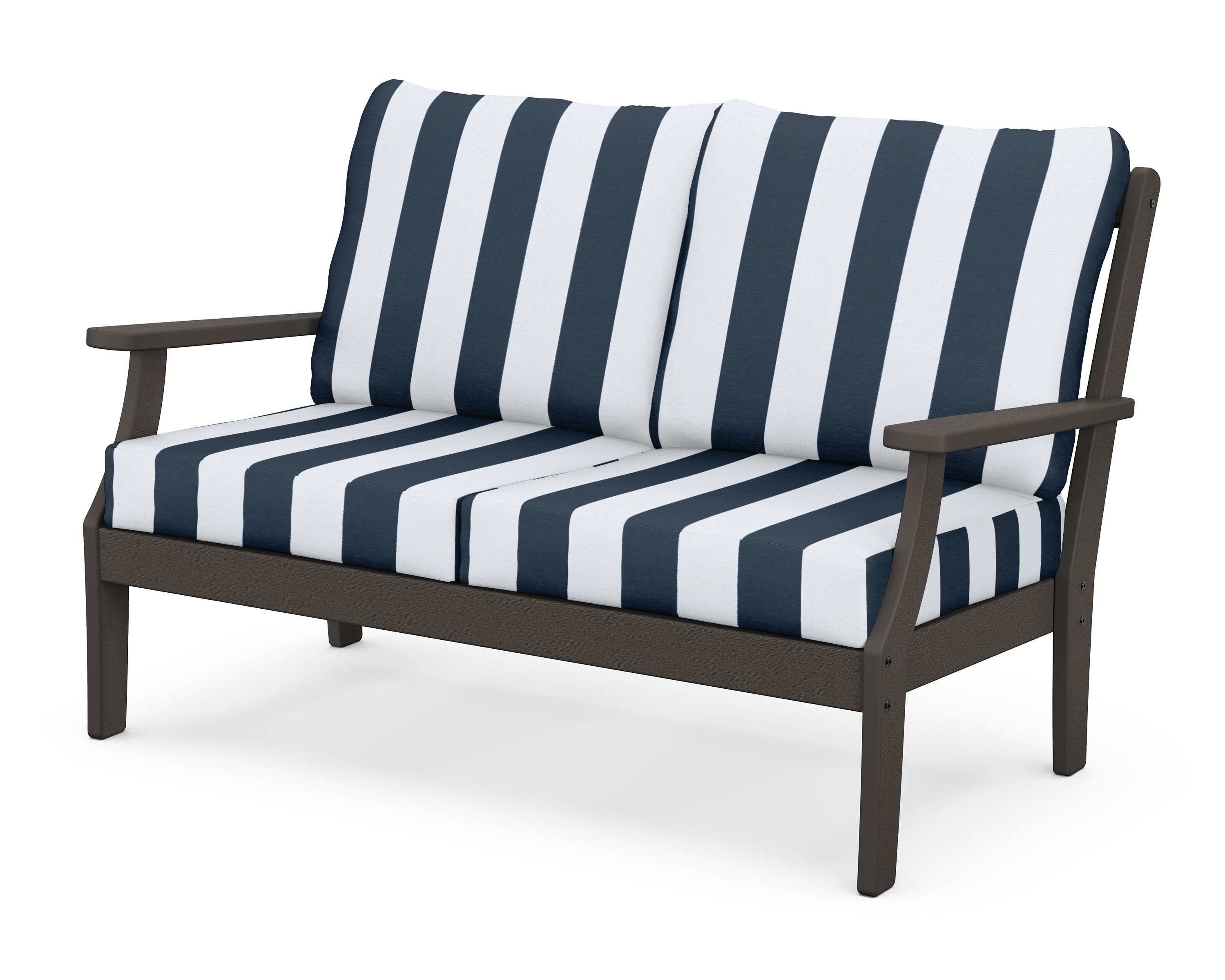 POLYWOOD® Braxton Deep Seating Loveseat in Vintage Coffee / Cabana Stripe Marine Indigo