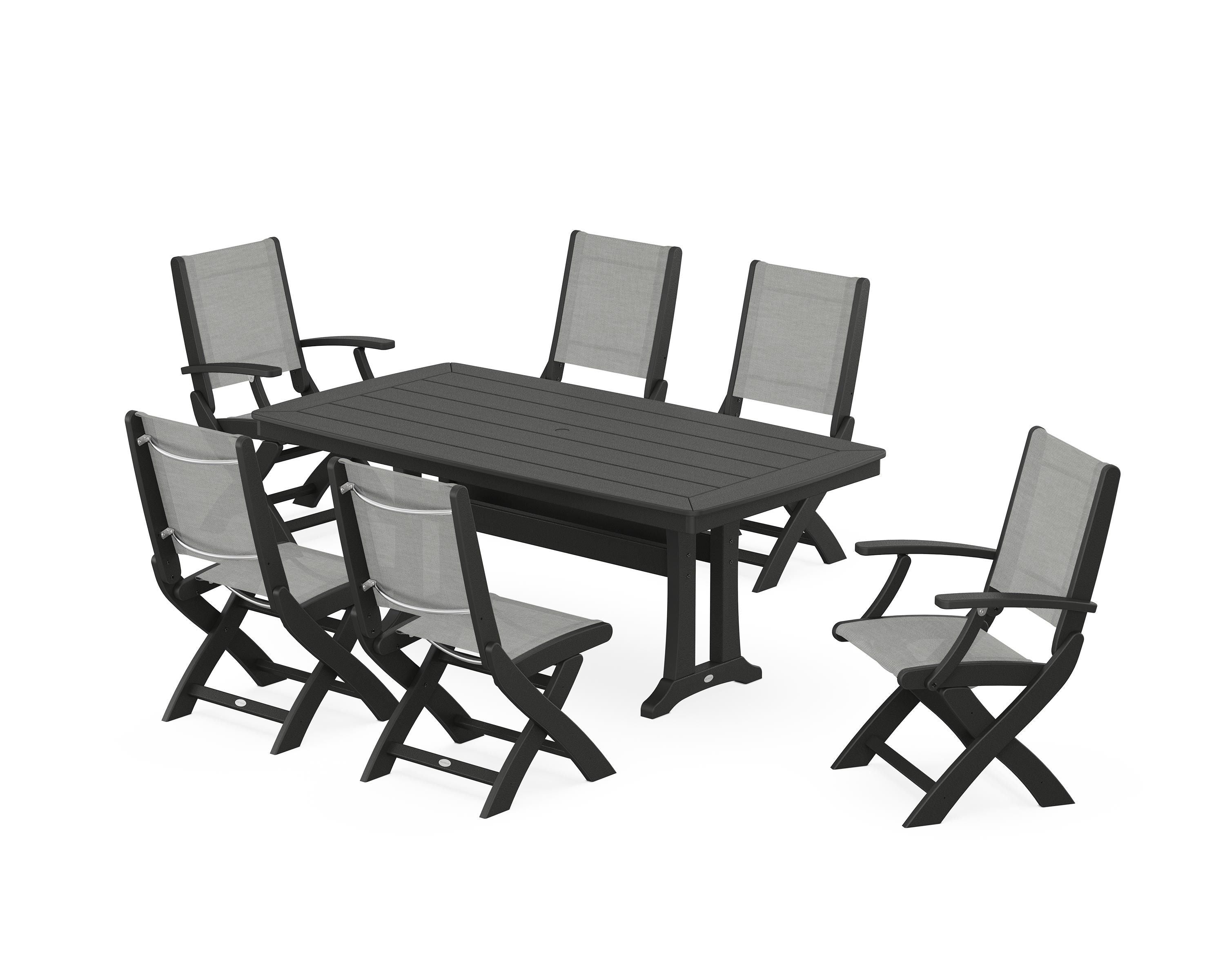 POLYWOOD® Coastal Folding Chair 7-Piece Dining Set with Trestle Legs in Black / Metallic Sling