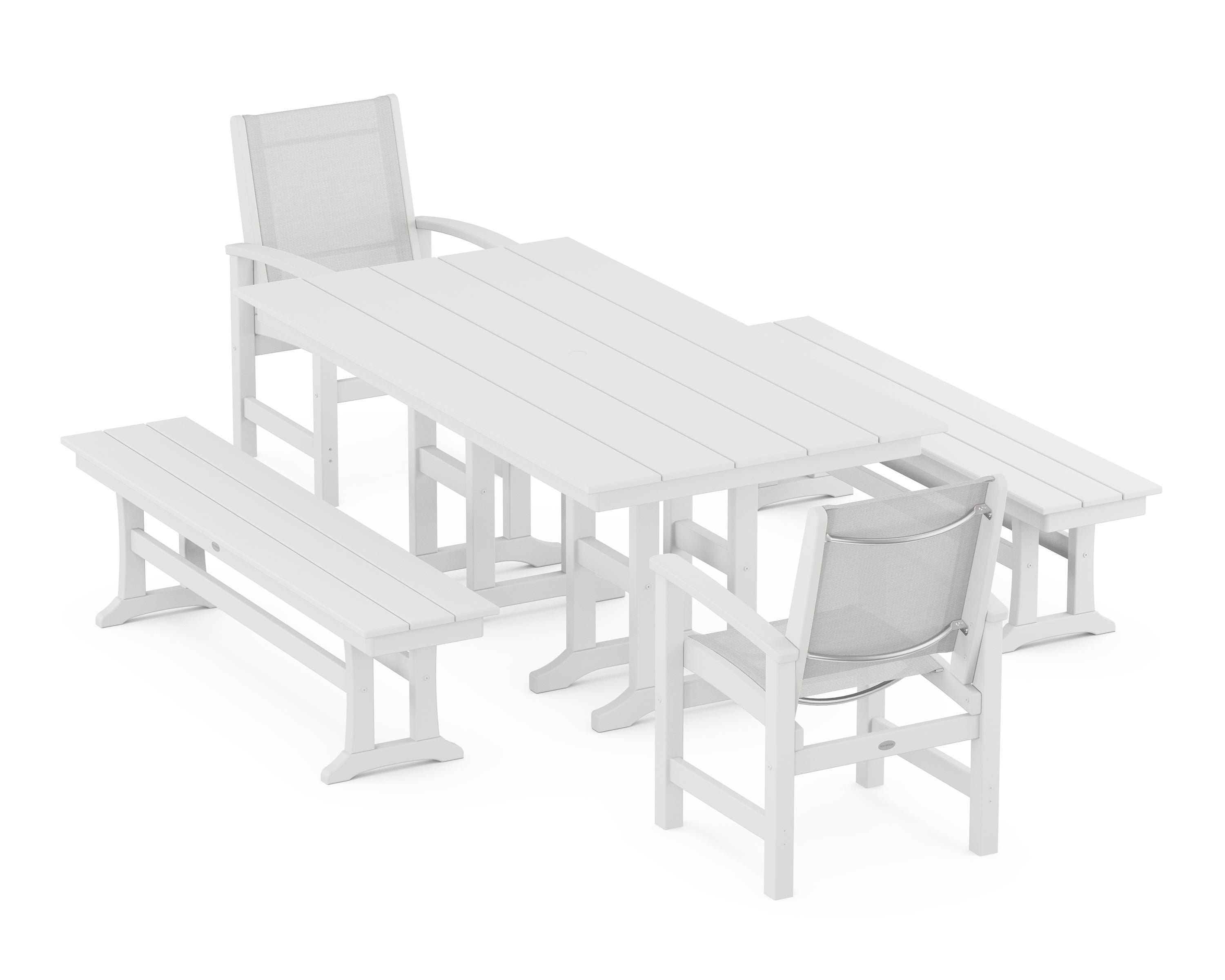 POLYWOOD® Coastal 5-Piece Farmhouse Dining Set in White / White Sling