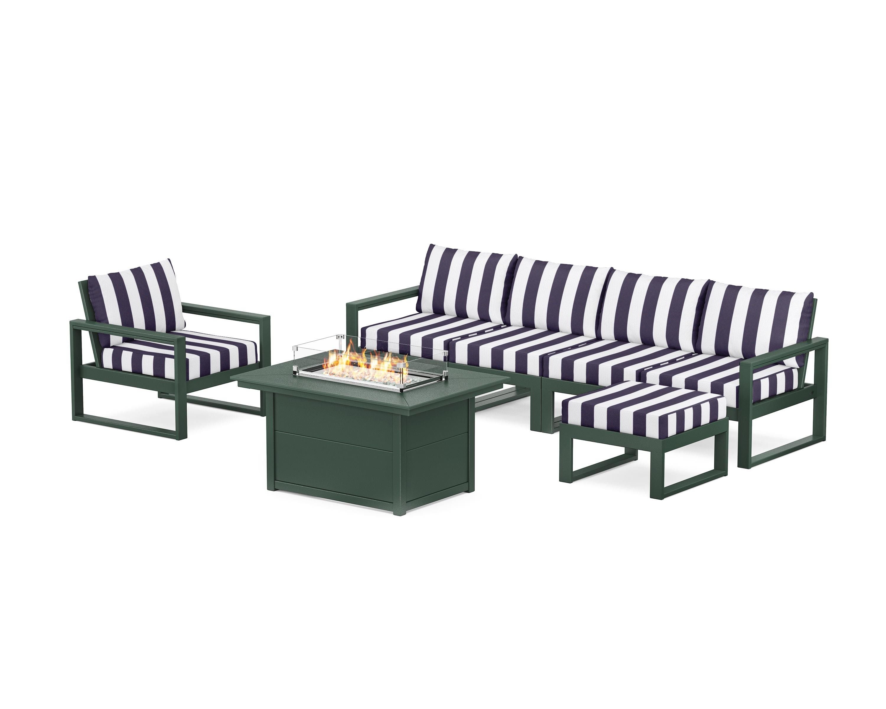 POLYWOOD® EDGE Sectional Lounge and Fire Pit Set in Green / Cabana Stripe Navy