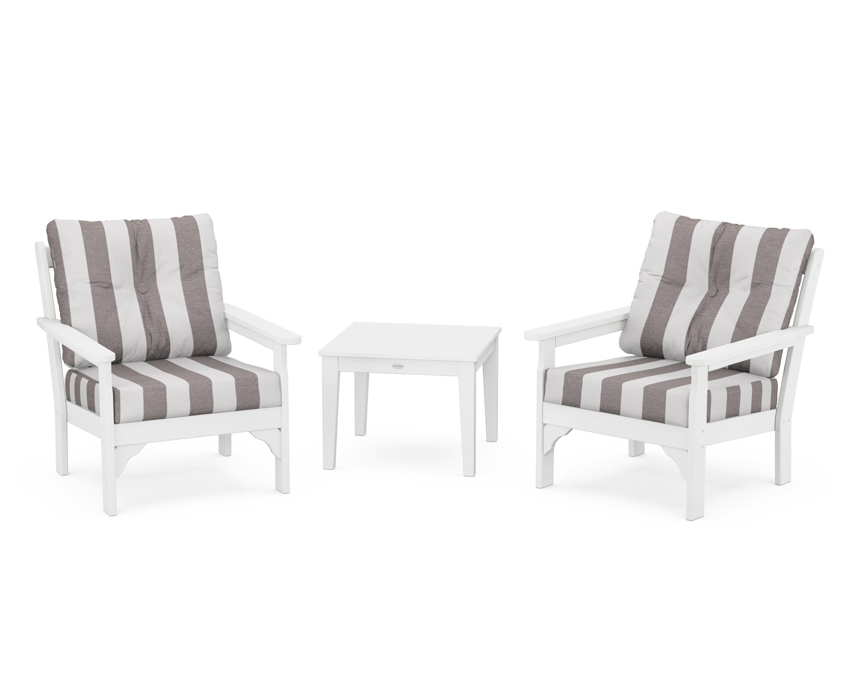 POLYWOOD® Vineyard 3-Piece Deep Seating Set in White / Cabana Stripe Grey Mist