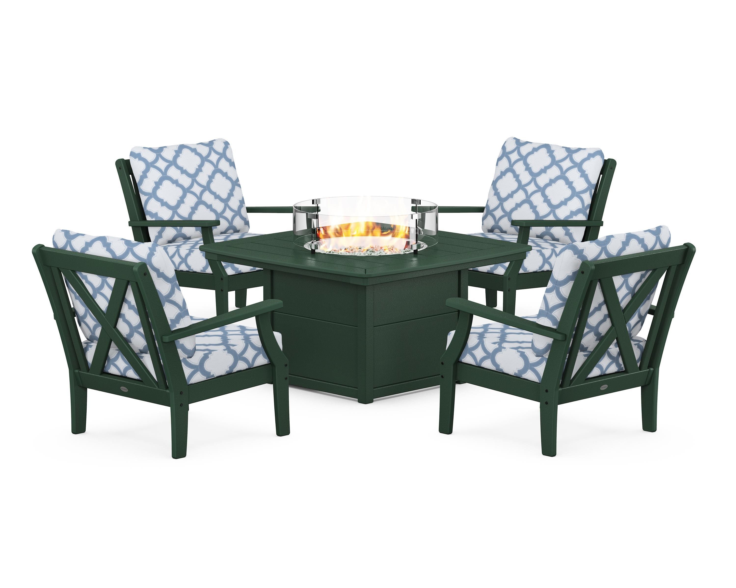 POLYWOOD® Braxton 5-Piece Deep Seating Conversation Set with Fire Pit Table in Green / Trellis Sky Blue
