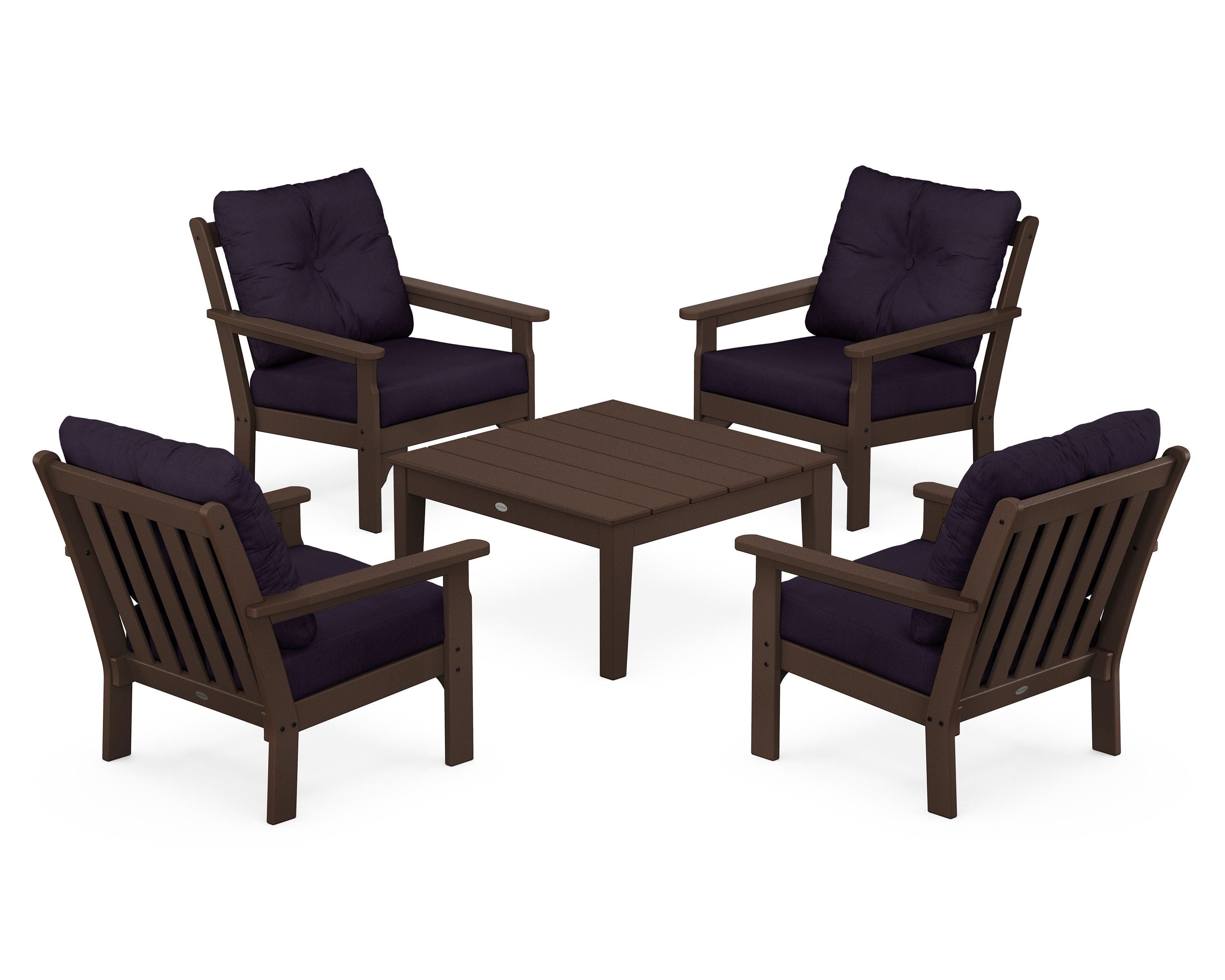 POLYWOOD® Vineyard 5-Piece Deep Seating Conversation Set in Mahogany / Navy Linen