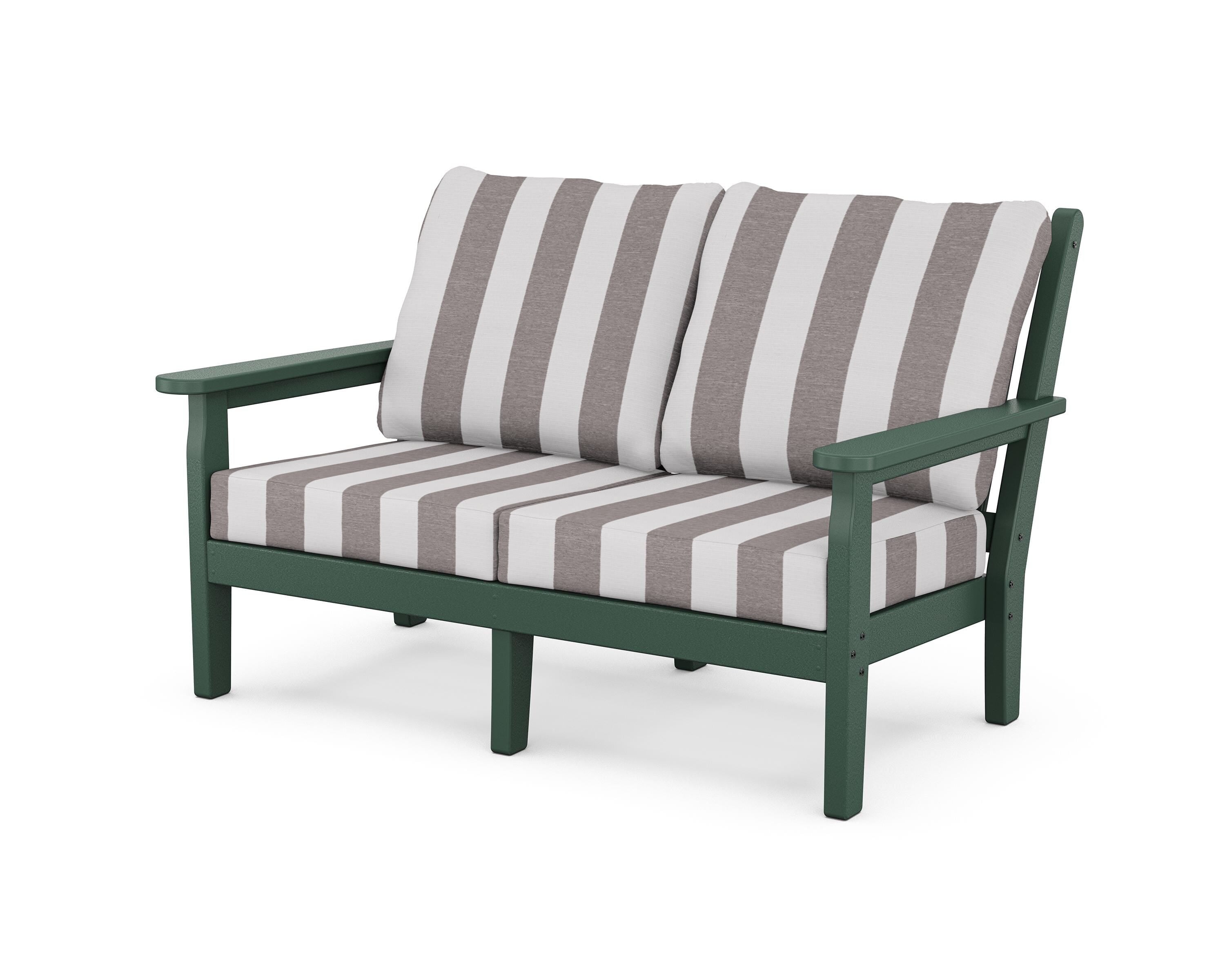 POLYWOOD® Chippendale Deep Seating Loveseat in Green / Cabana Stripe Grey Mist