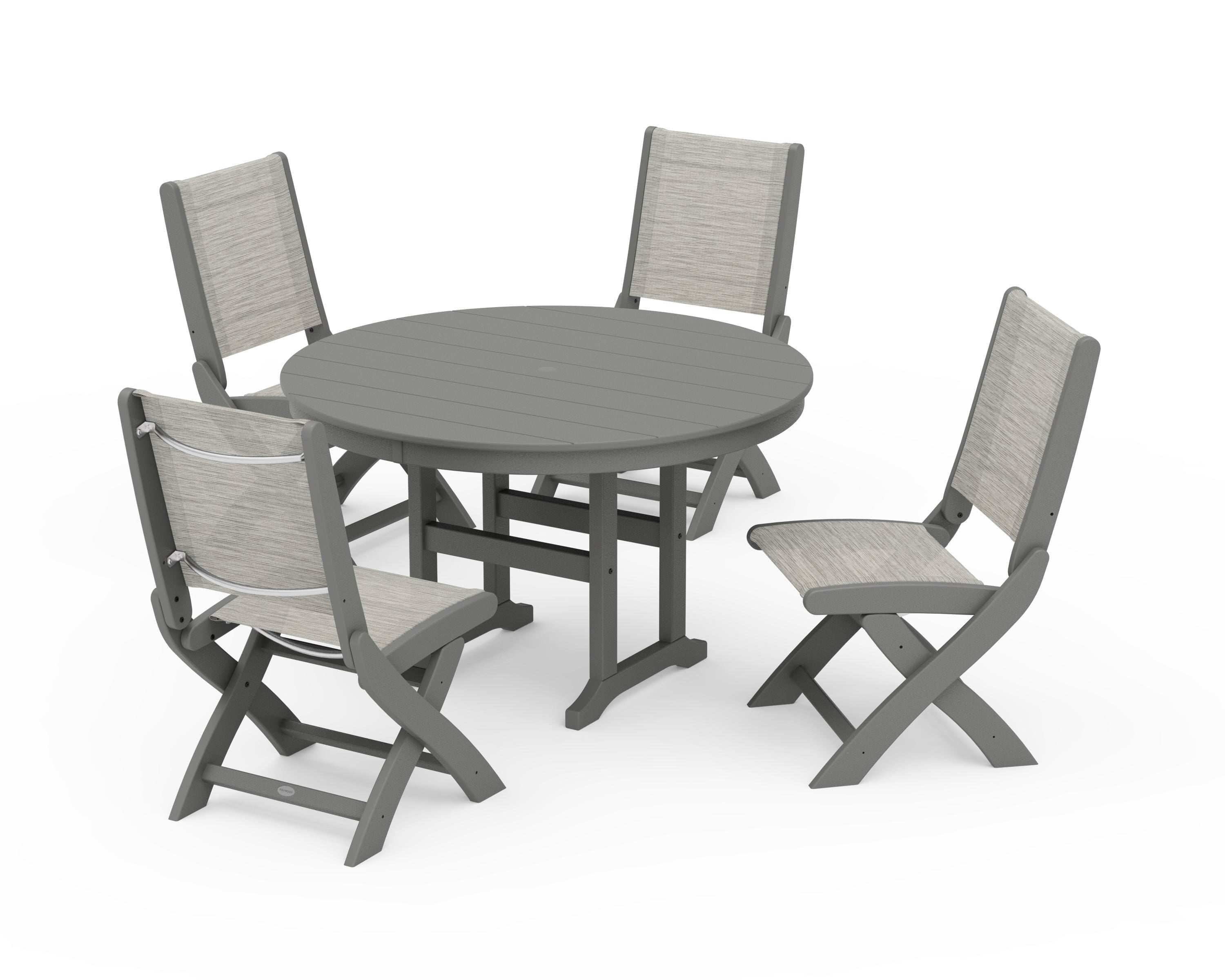 POLYWOOD® Coastal Folding Side Chair 5-Piece Round Dining Set in Slate Grey / Birch Sling