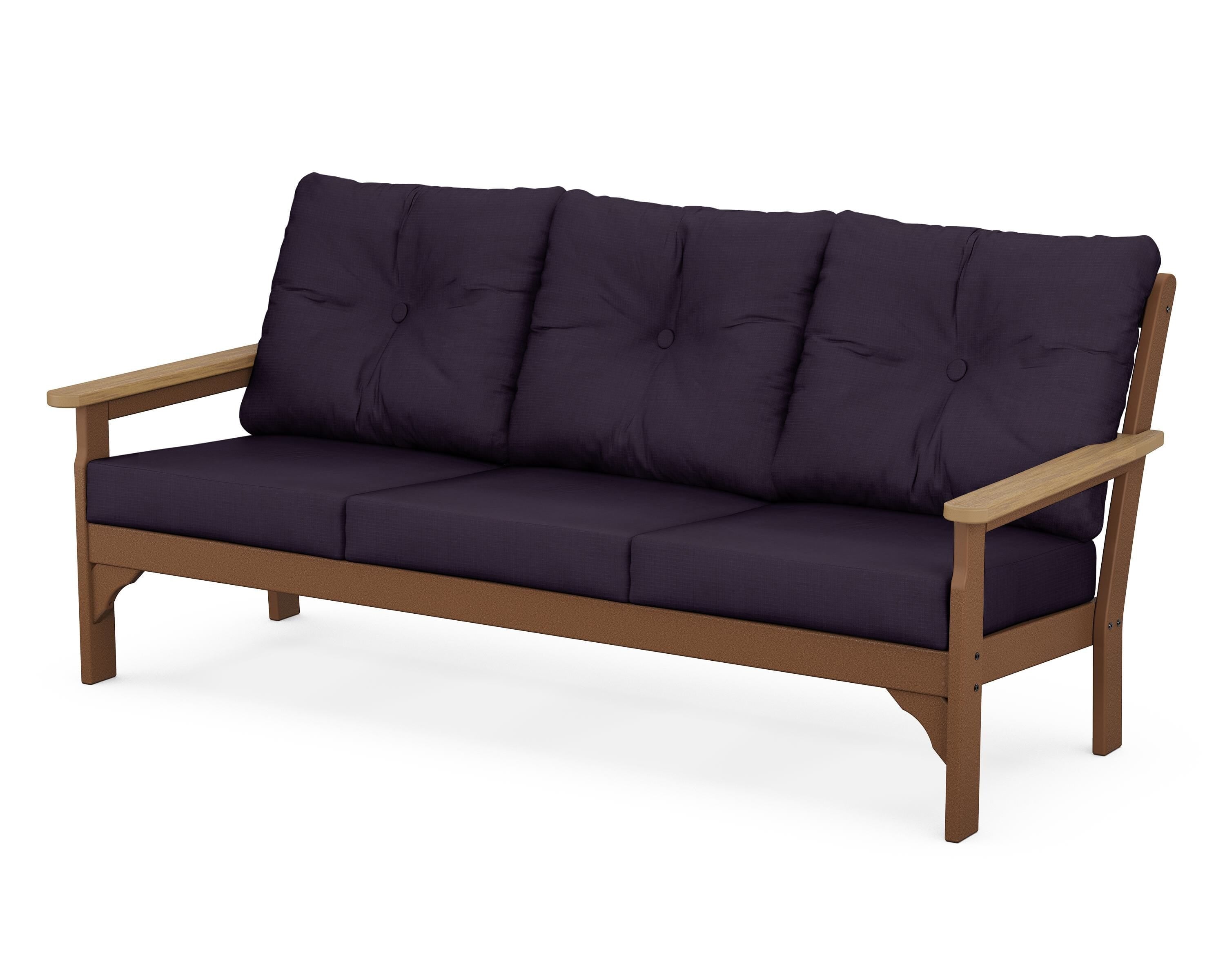 POLYWOOD® Vineyard Deep Seating Sofa in Teak / Natural / Navy Linen