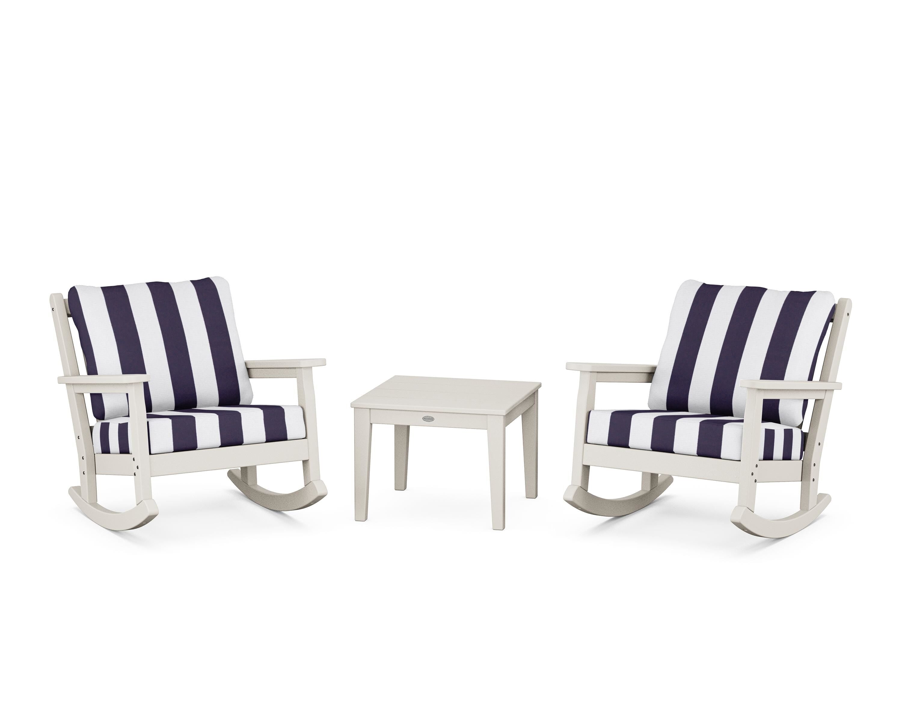 POLYWOOD® Chippendale 3-Piece Deep Seating Rocker Set in Sand / Cabana Stripe Navy