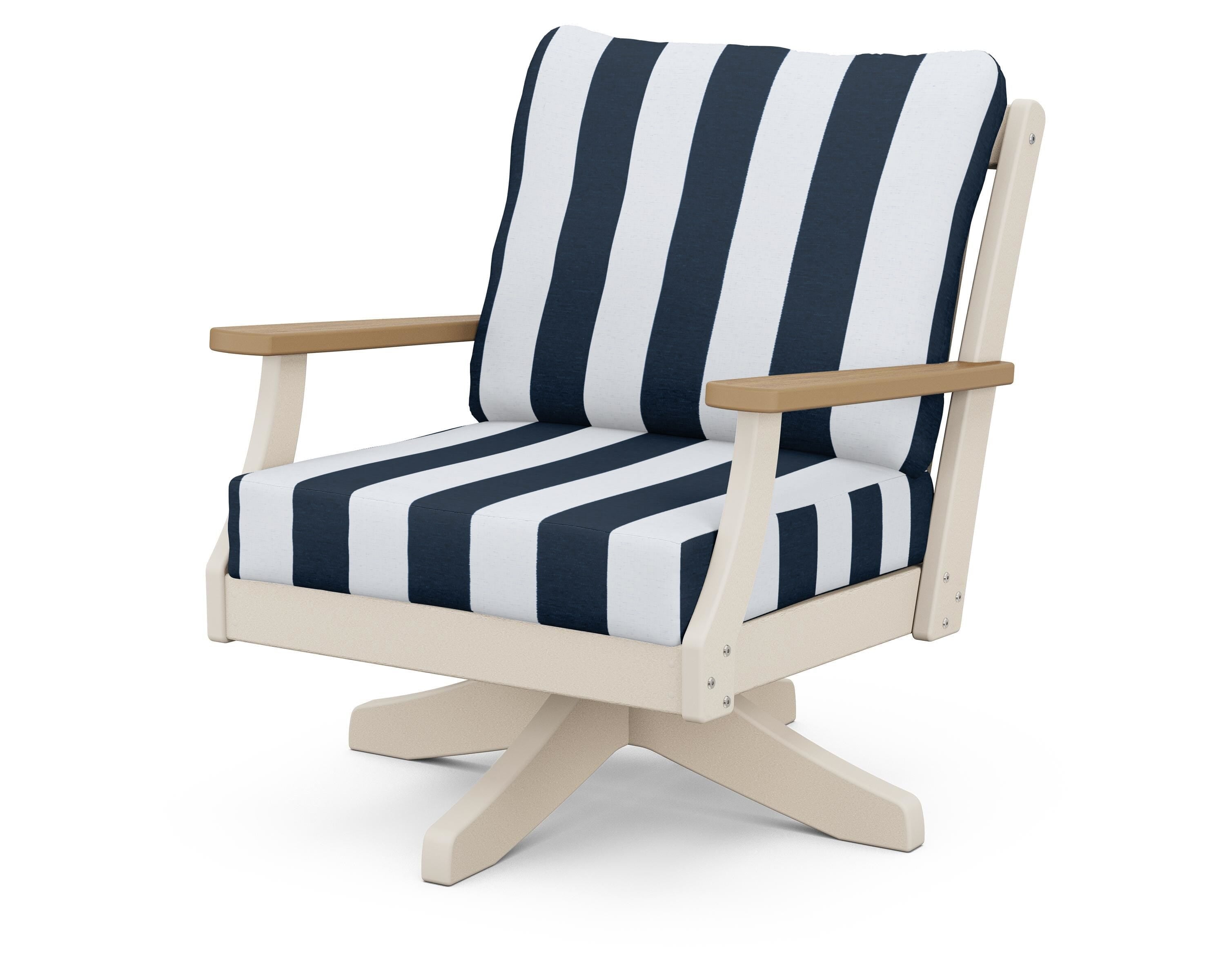 POLYWOOD® Braxton Deep Seating Swivel Chair in Sand / Natural / Cabana Stripe Marine Indigo