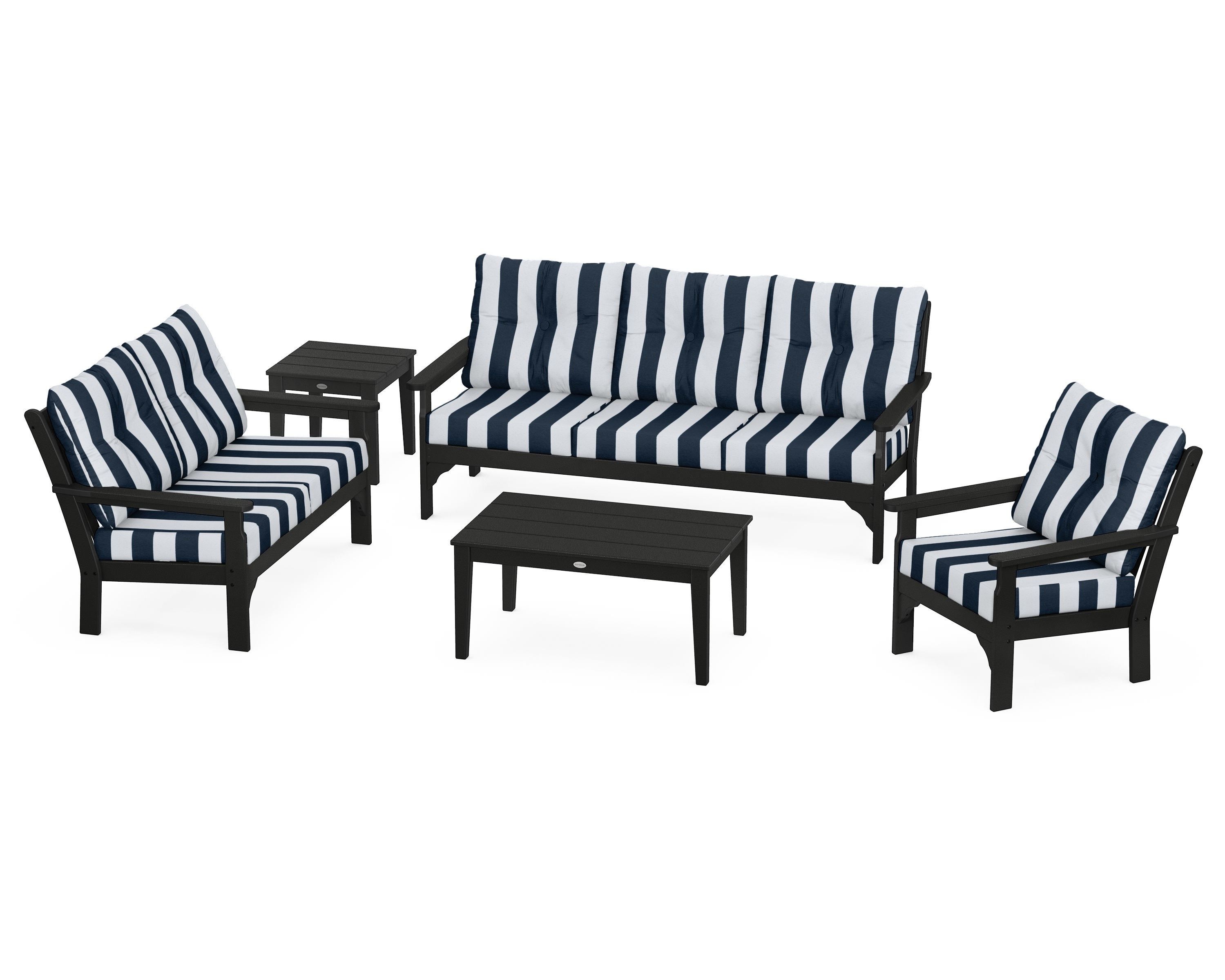 POLYWOOD® Vineyard 5 Piece Deep Seating Set in Black / Cabana Stripe Marine Indigo