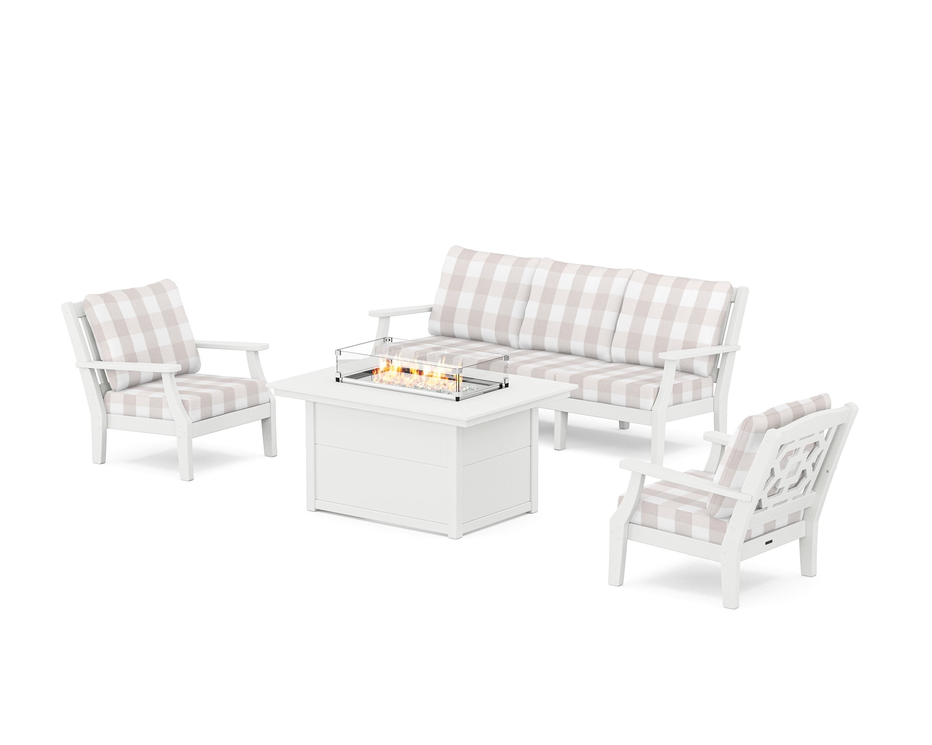 Martha Stewart by POLYWOOD® Chinoiserie Deep Seating Fire Pit Table Set in White / Buffalo Plaid Dune Burlap