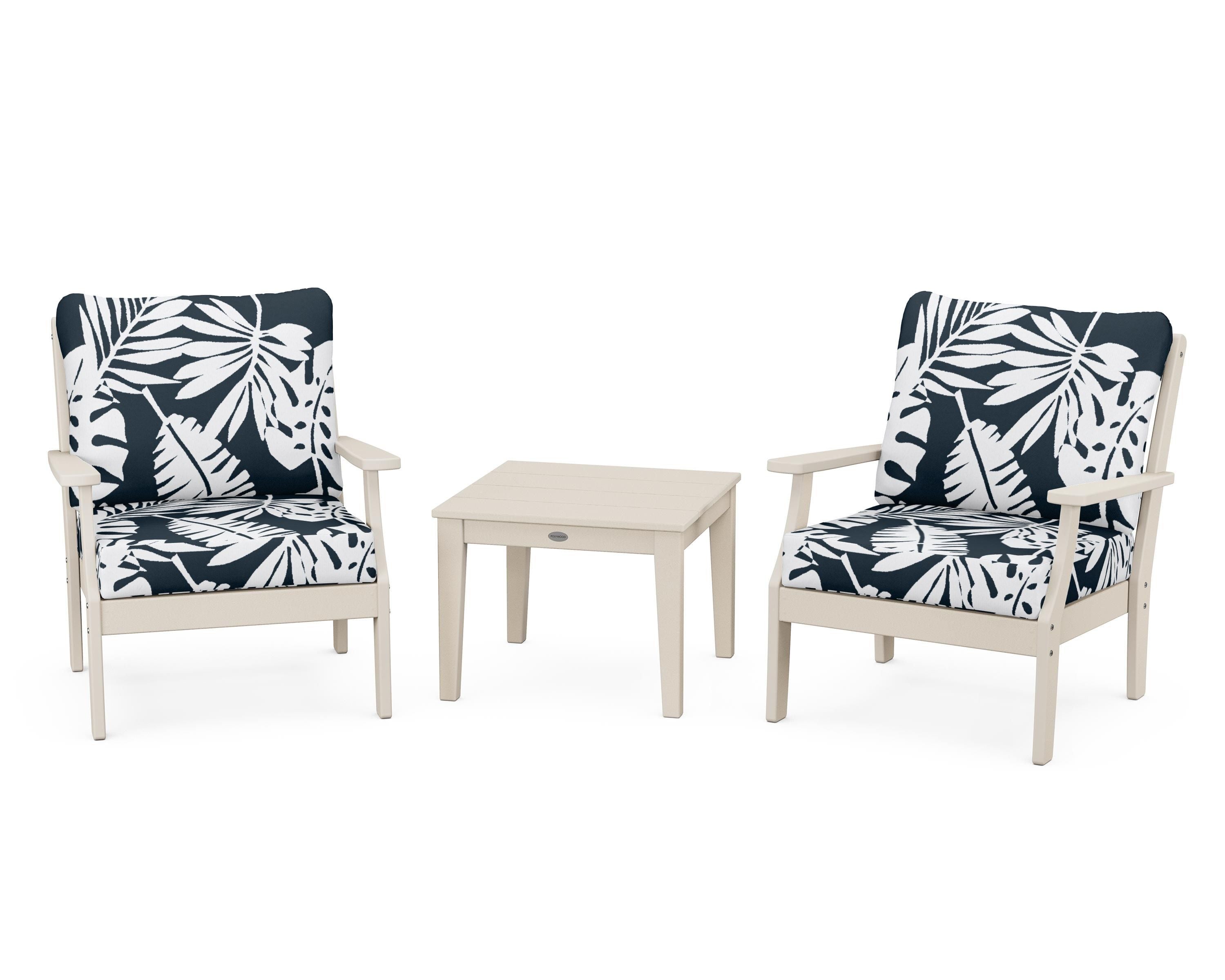 POLYWOOD® Braxton 3-Piece Deep Seating Set in Sand / Leaf Marine Indigo