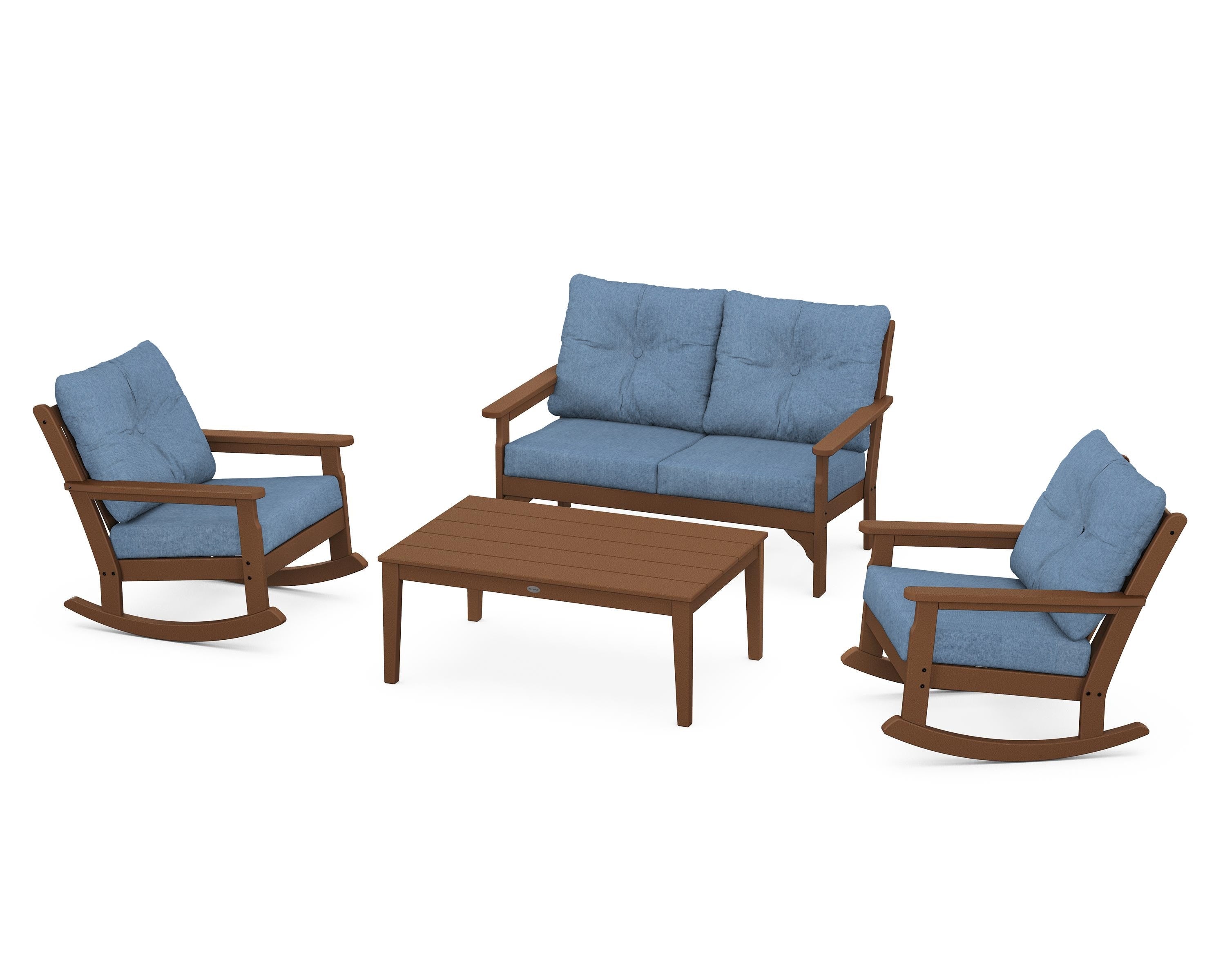 POLYWOOD® Vineyard 4-Piece Deep Seating Rocking Chair Set in Teak / Sky Blue