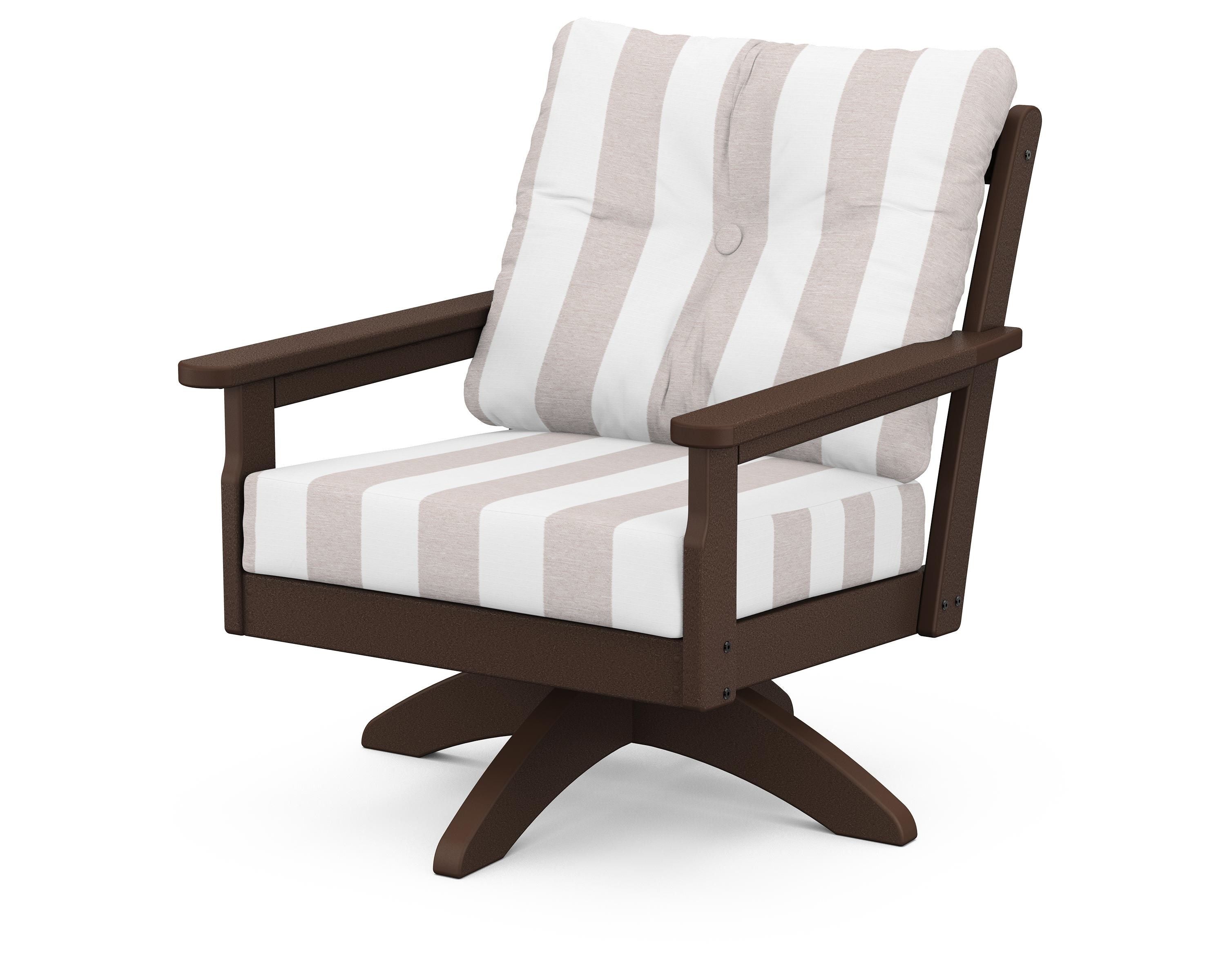 POLYWOOD® Vineyard Deep Seating Swivel Chair in Mahogany / Cabana Stripe Dune Burlap
