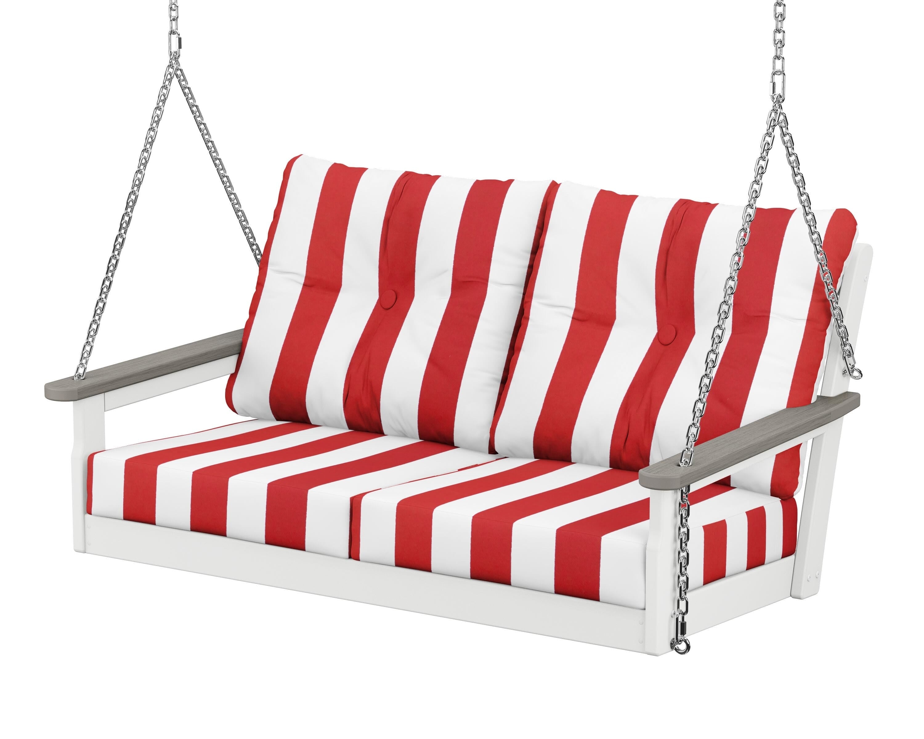 POLYWOOD® Vineyard Deep Seating Swing in White / Driftwood / Cabana Stripe Crimson
