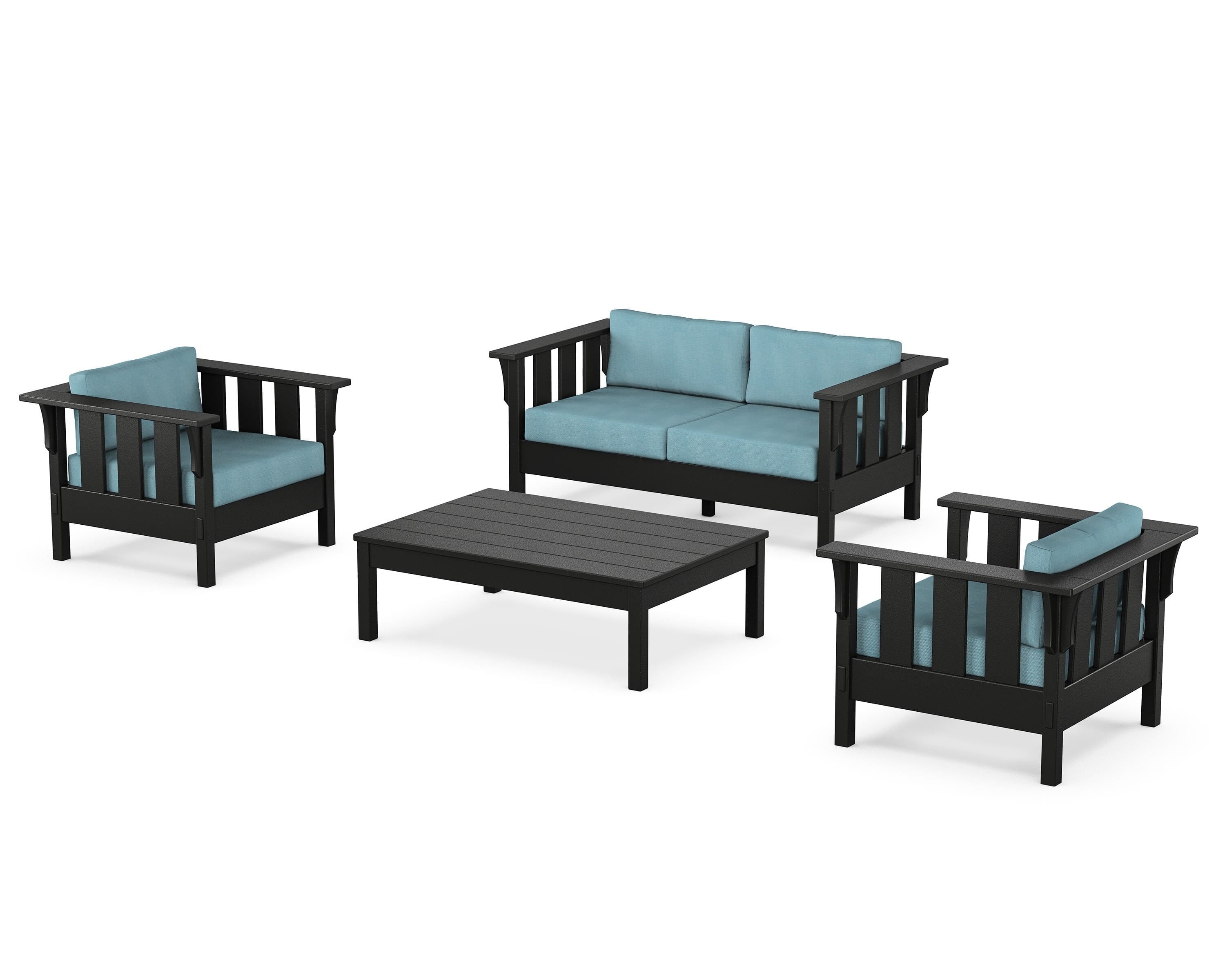 Martha Stewart by POLYWOOD® Acadia 4-Piece Deep Seating Set with Loveseat in Black / Lattice Sky Blue