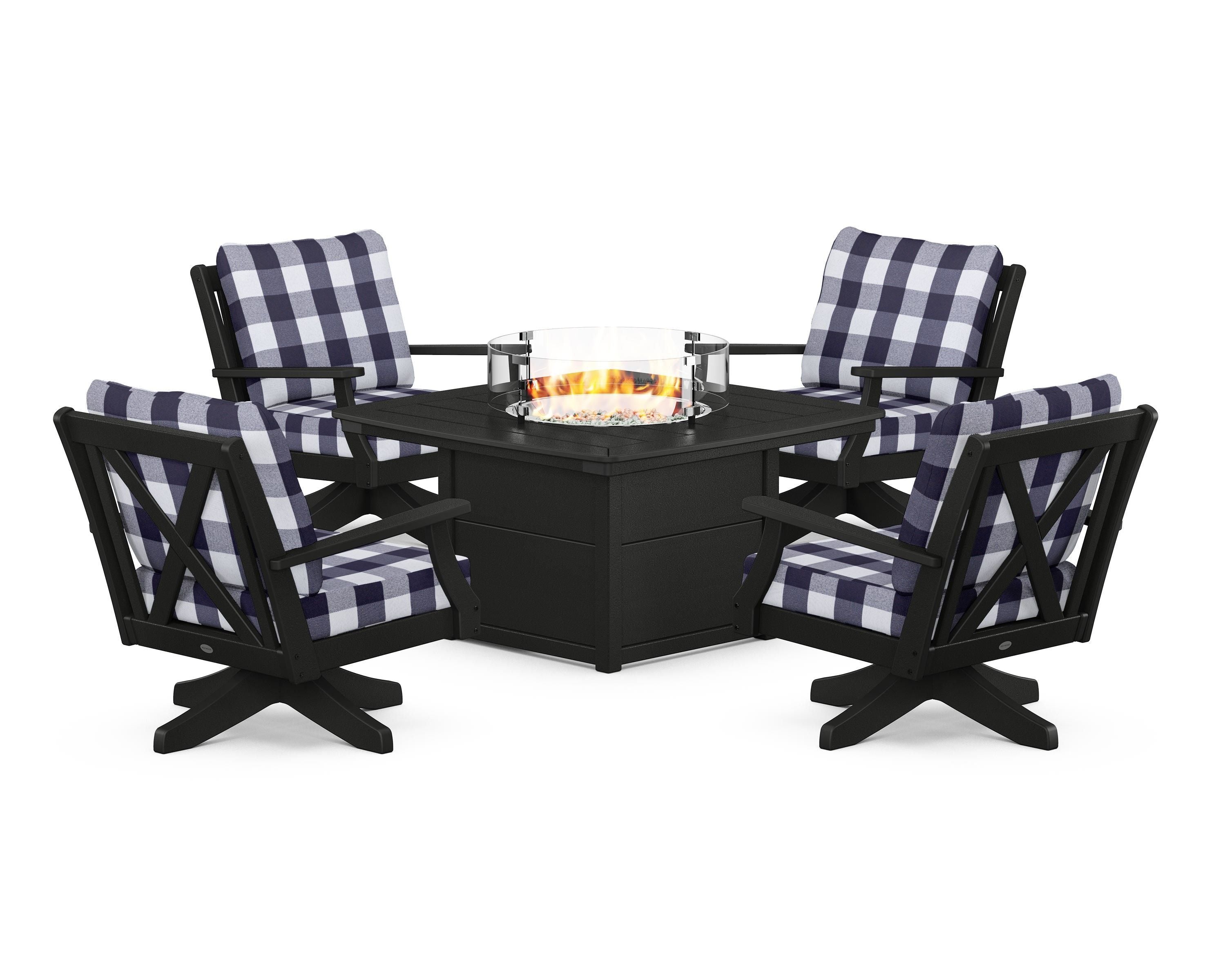 POLYWOOD® Braxton 5-Piece Deep Seating Swivel Conversation Set with Fire Pit Table in Black / Buffalo Plaid Navy