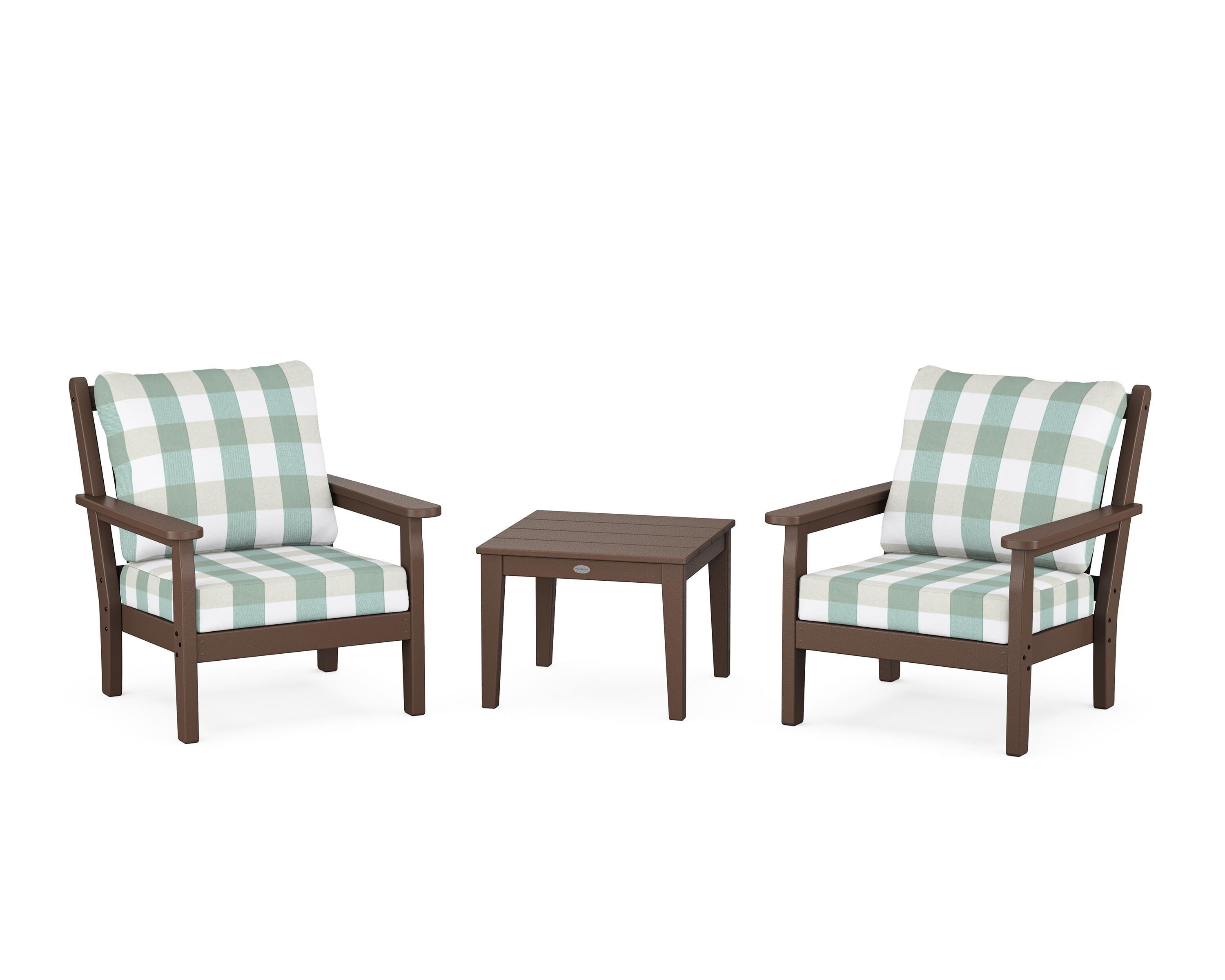 POLYWOOD® Chippendale 3-Piece Deep Seating Set in Mahogany / Buffalo Plaid Glacier Spa