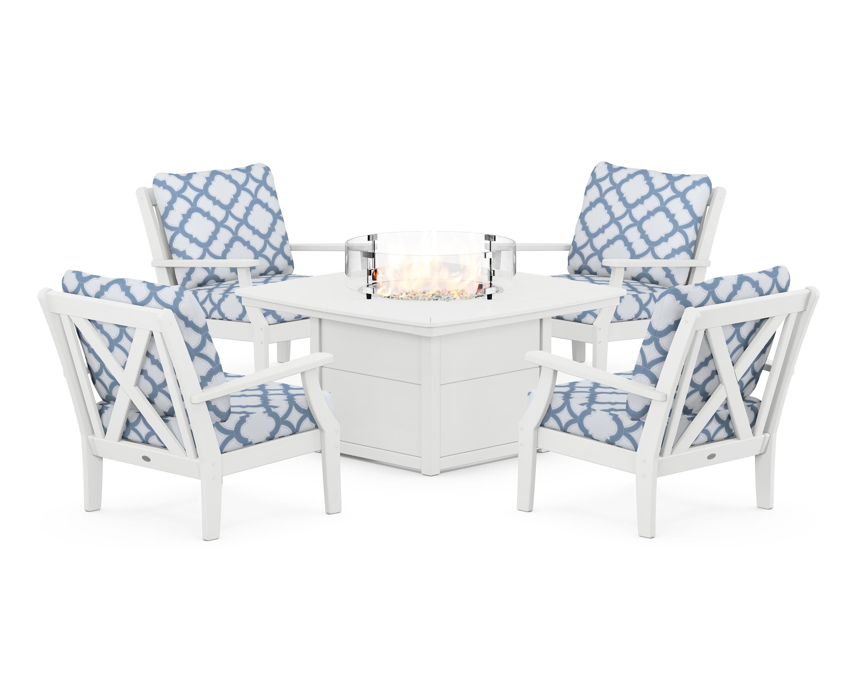 POLYWOOD® Braxton 5-Piece Deep Seating Conversation Set with Fire Pit Table in White / Trellis Sky Blue