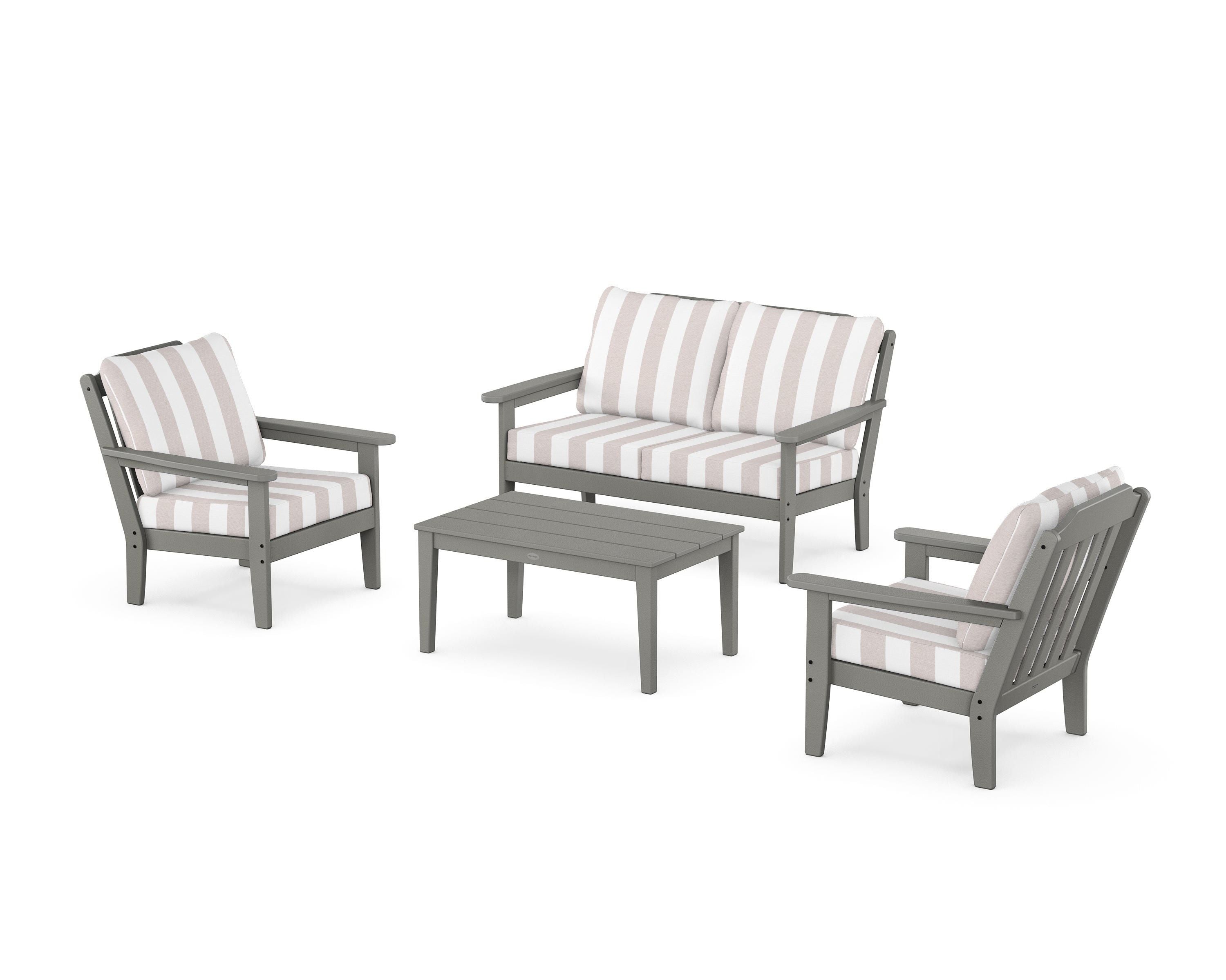 Country Living Cottage 4-Piece Deep Seating Set with Loveseat in Slate Grey / Cabana Stripe Dune Burlap