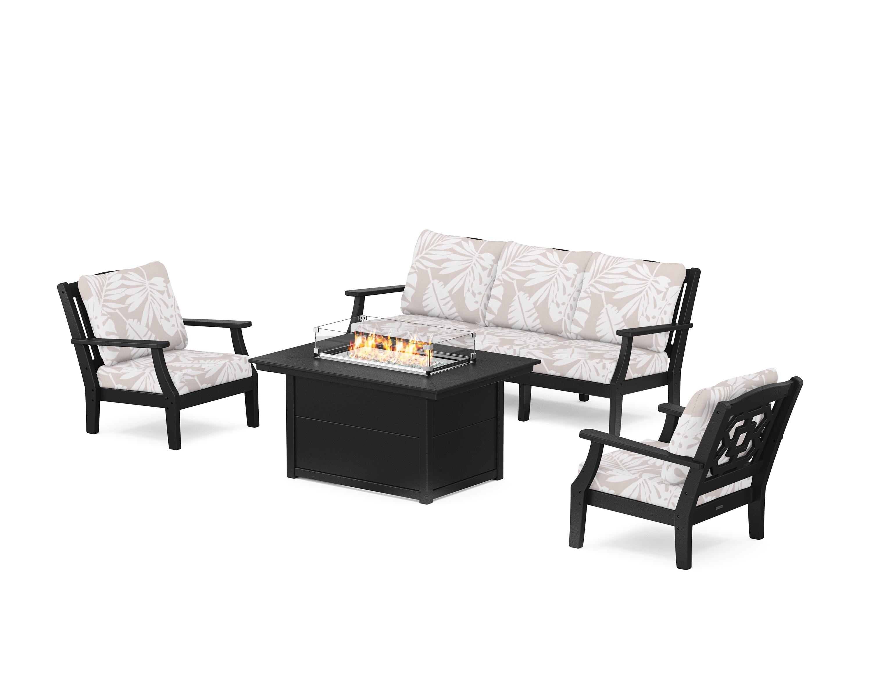 Martha Stewart by POLYWOOD® Chinoiserie Deep Seating Fire Pit Table Set in Black / Leaf Dune Burlap