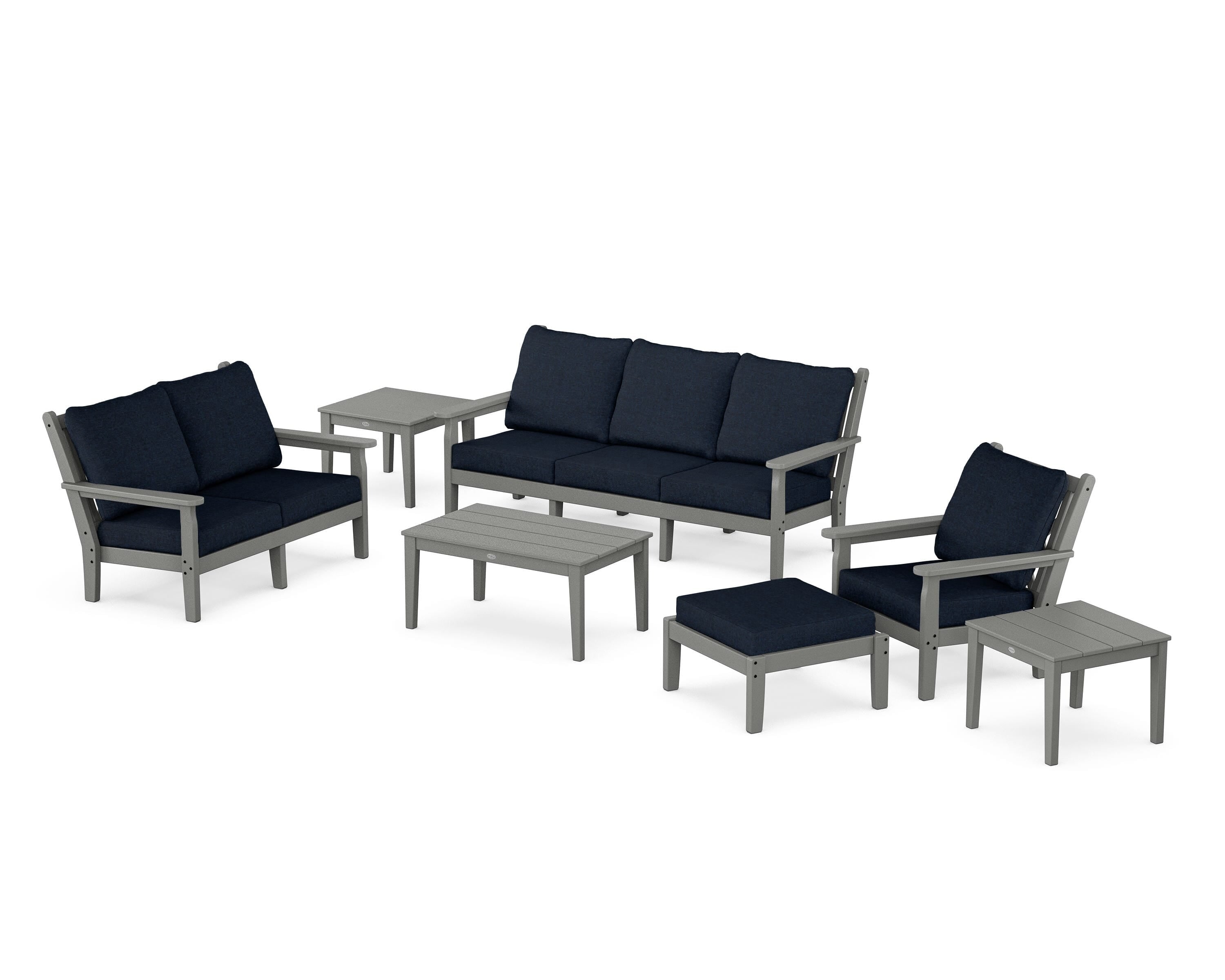 POLYWOOD® Chippendale 7-Piece Deep Seating Set in Slate Grey / Marine Indigo