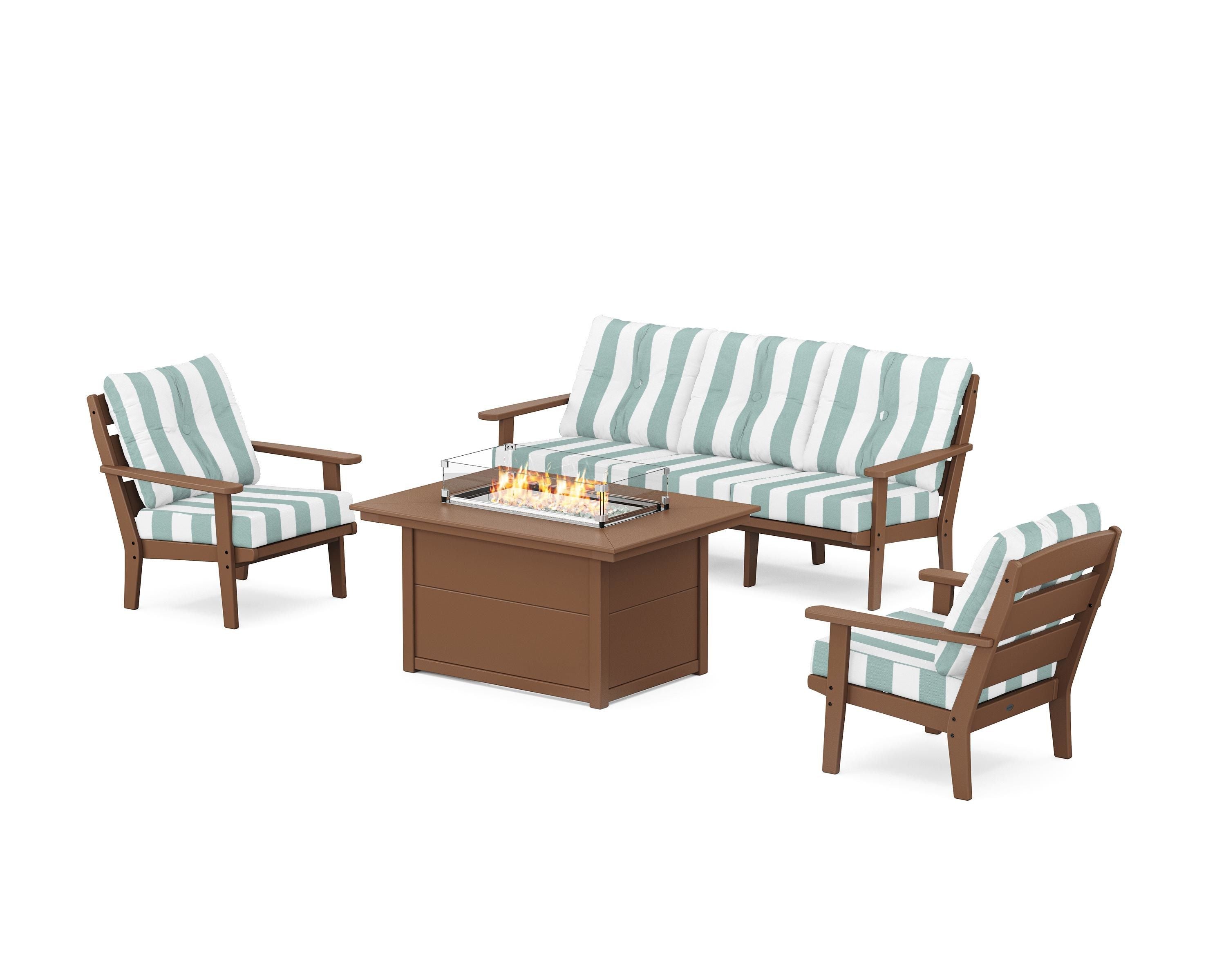 POLYWOOD® Lakeside Deep Seating Fire Pit Table Set in Teak / Cabana Stripe Glacier Spa
