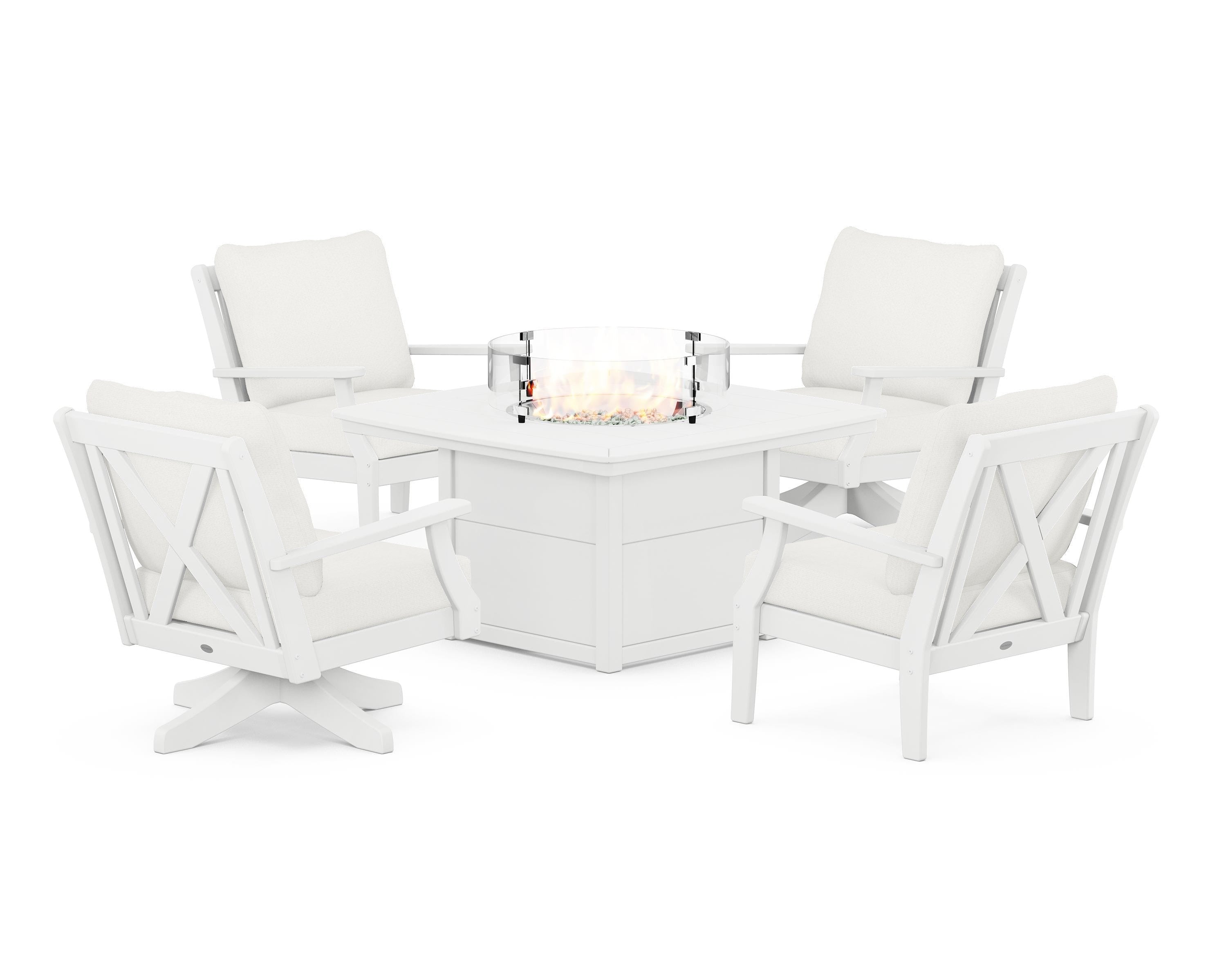 POLYWOOD® Braxton 5-Piece Deep Seating Set with Fire Table in White / Natural Linen