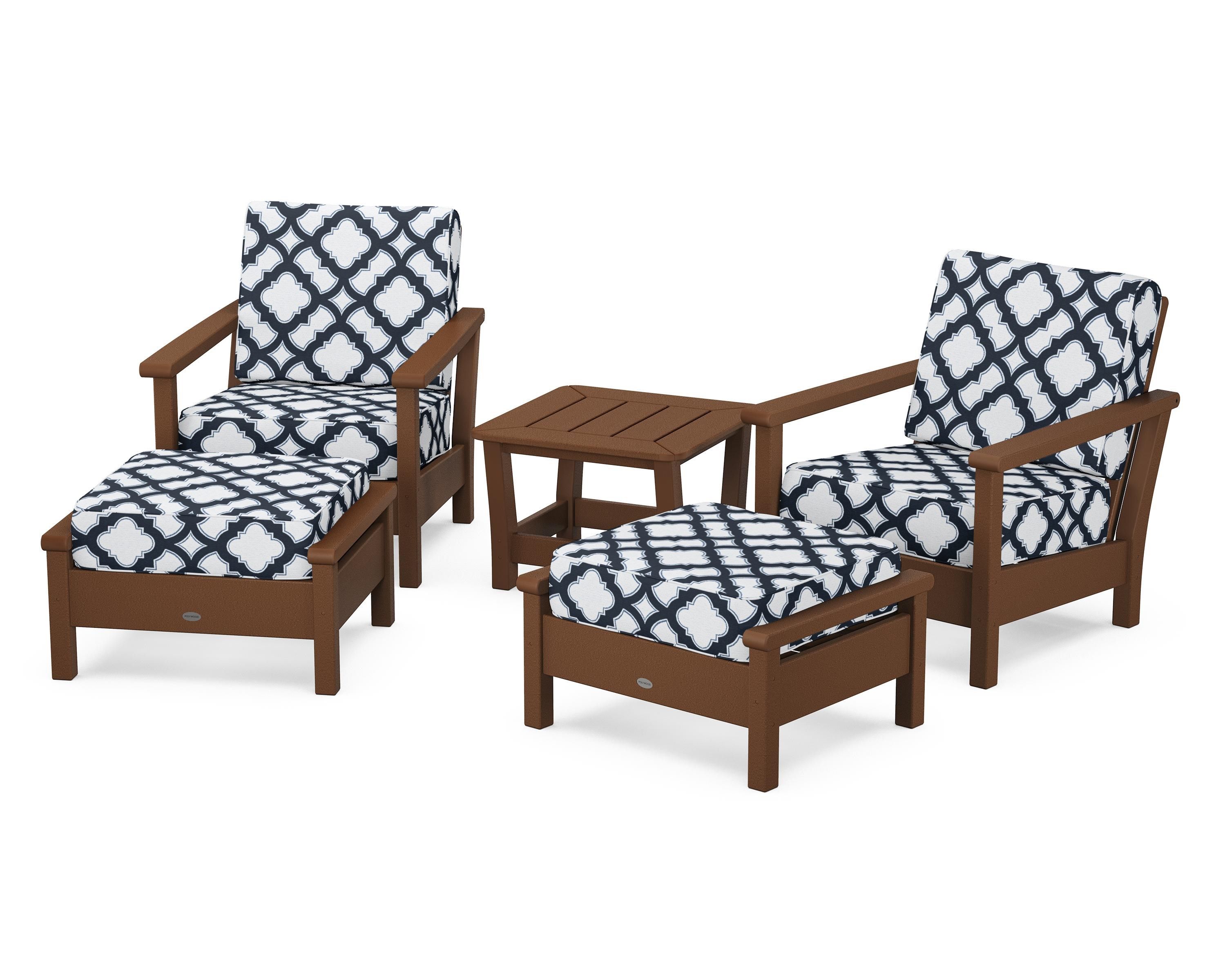 POLYWOOD® Harbour 5-Piece Deep Seating Chair Set in Teak / Trellis Marine Indigo