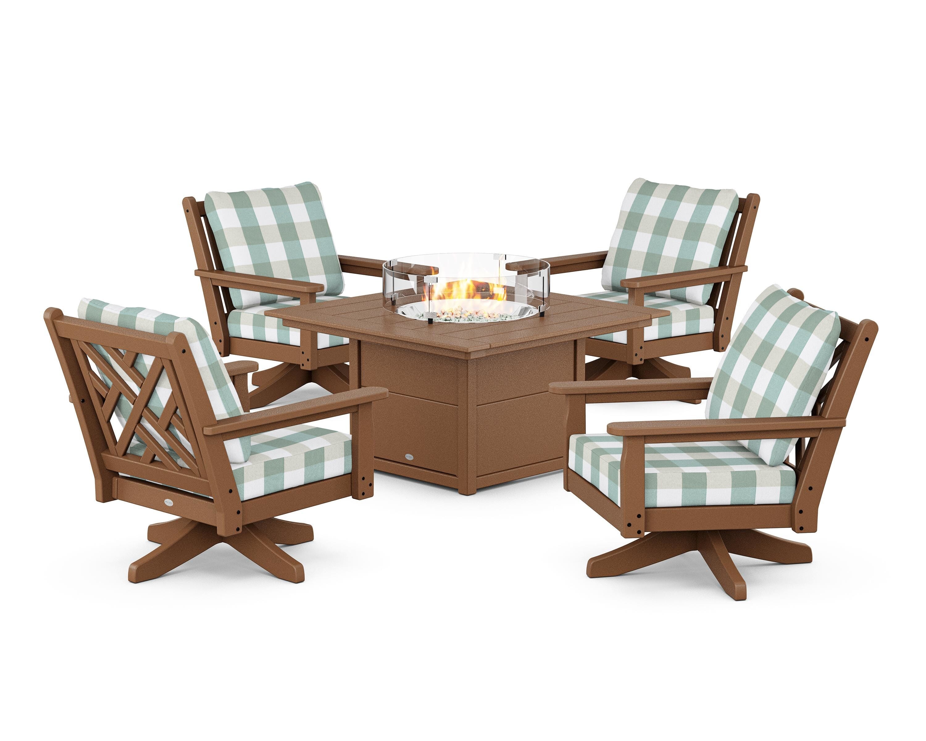 POLYWOOD® Chippendale 5-Piece Deep Seating Swivel Conversation Set with Fire Pit Table in Teak / Buffalo Plaid Glacier Spa
