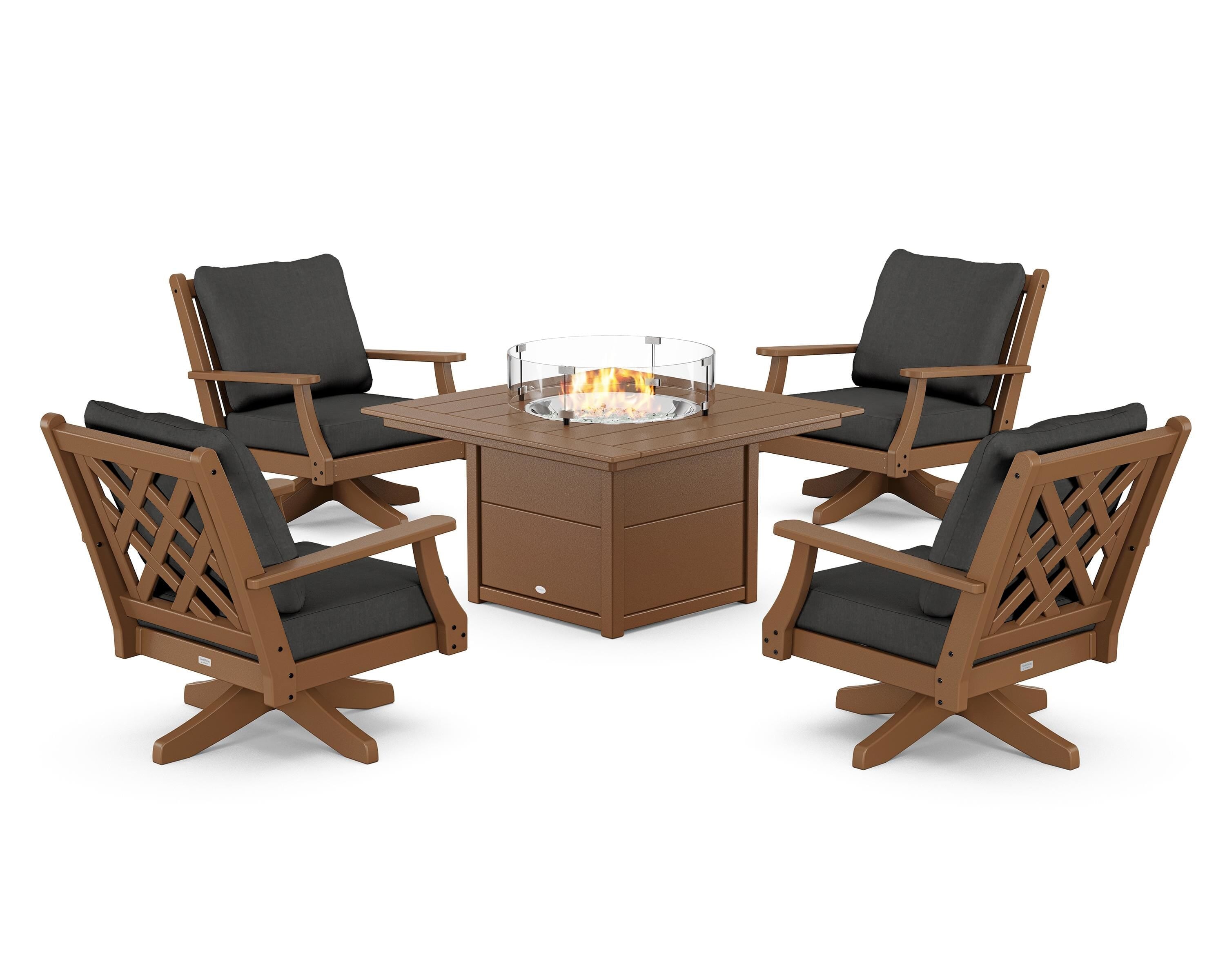 Country Living Wovendale 5-Piece Deep Seating Swivel Conversation Set with Fire Pit Table in Teak / Spectrum Carbon