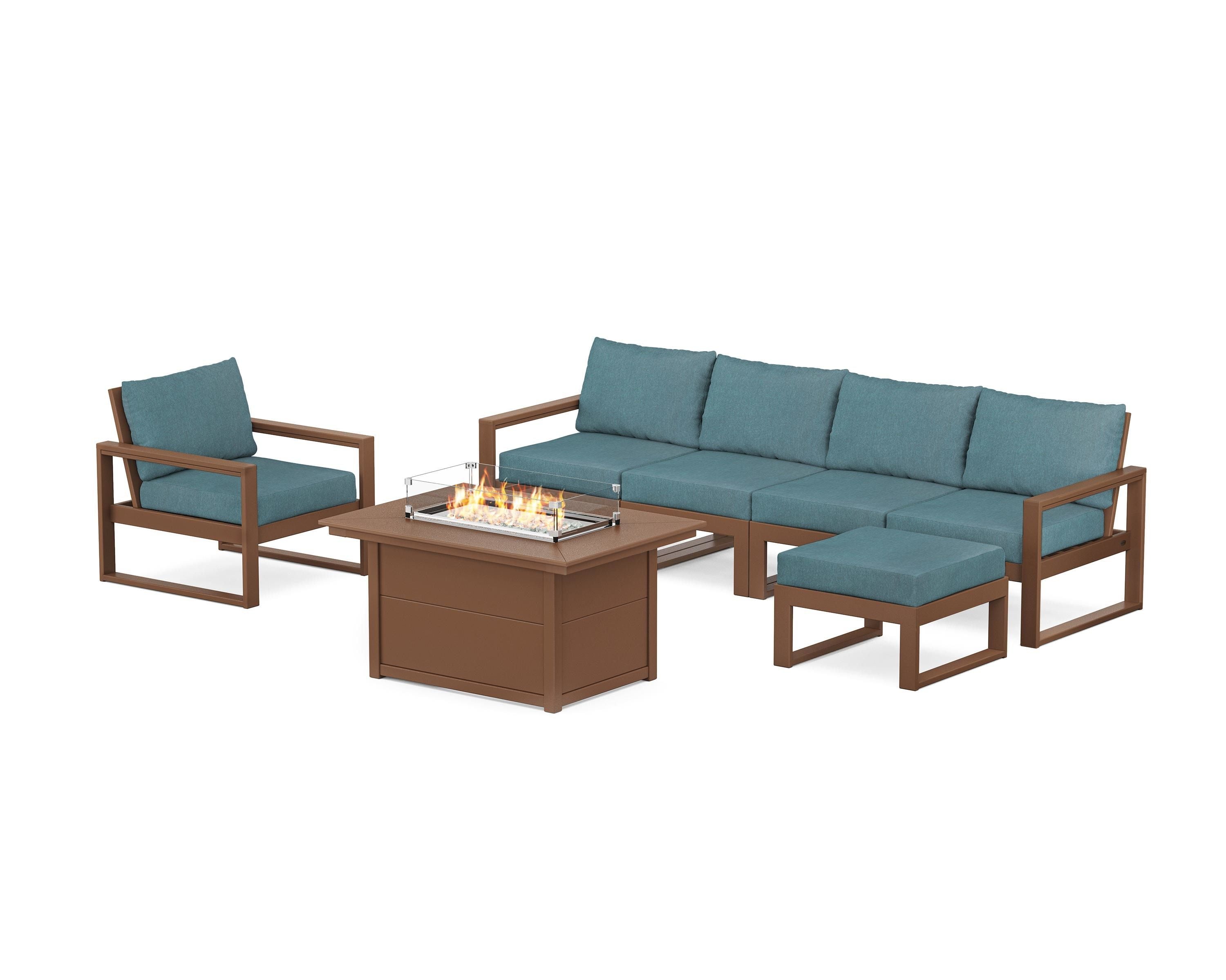 POLYWOOD® EDGE Sectional Lounge and Fire Pit Set in Teak / Ocean Teal