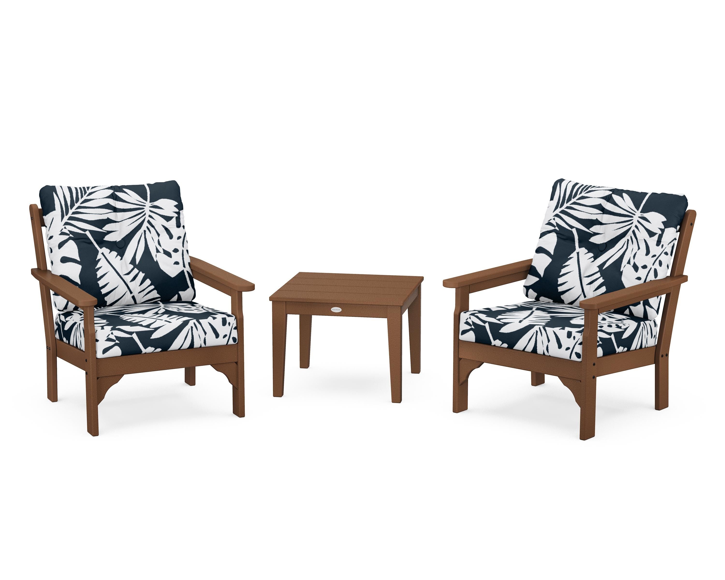 POLYWOOD® Vineyard 3-Piece Deep Seating Set in Teak / Leaf Marine Indigo
