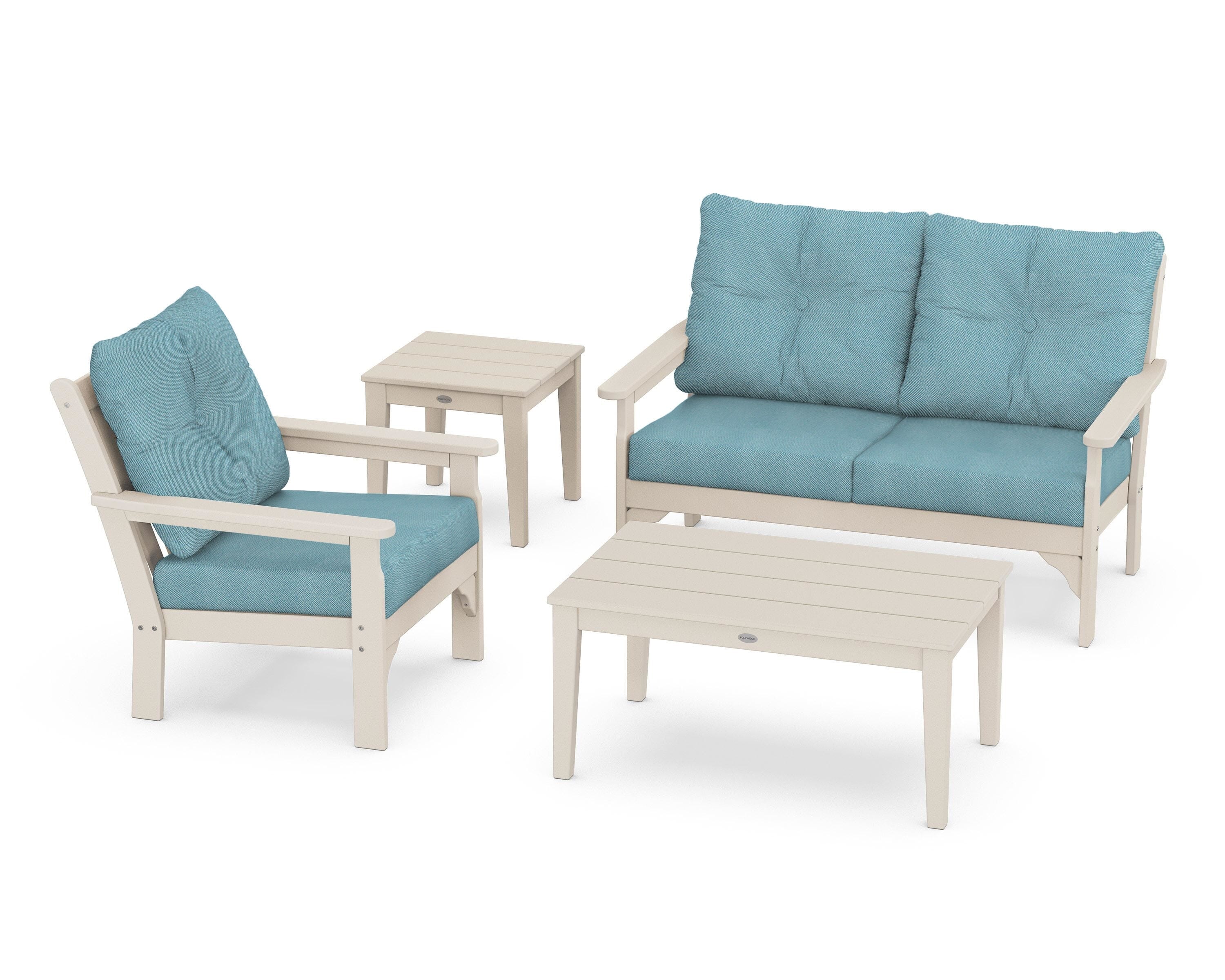 POLYWOOD® Vineyard 4-Piece Deep Seating Set in Sand / Lattice Sky Blue