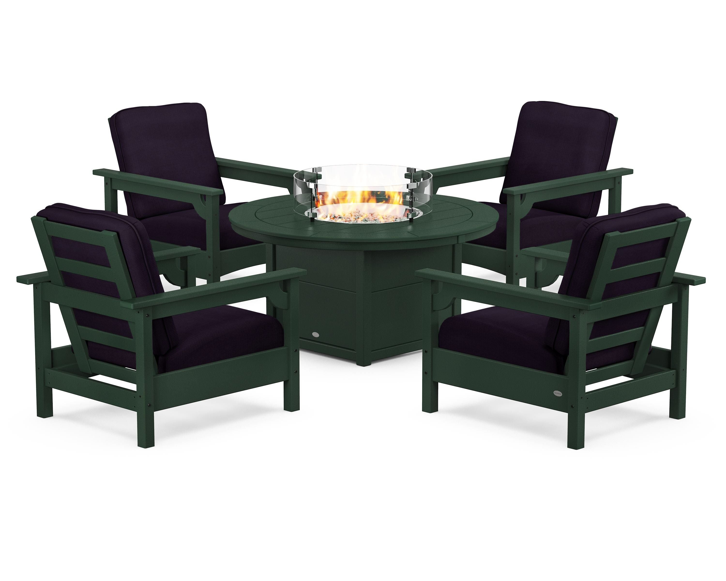 POLYWOOD® Club 5-Piece Conversation Set with Fire Pit Table in Green / Navy Linen