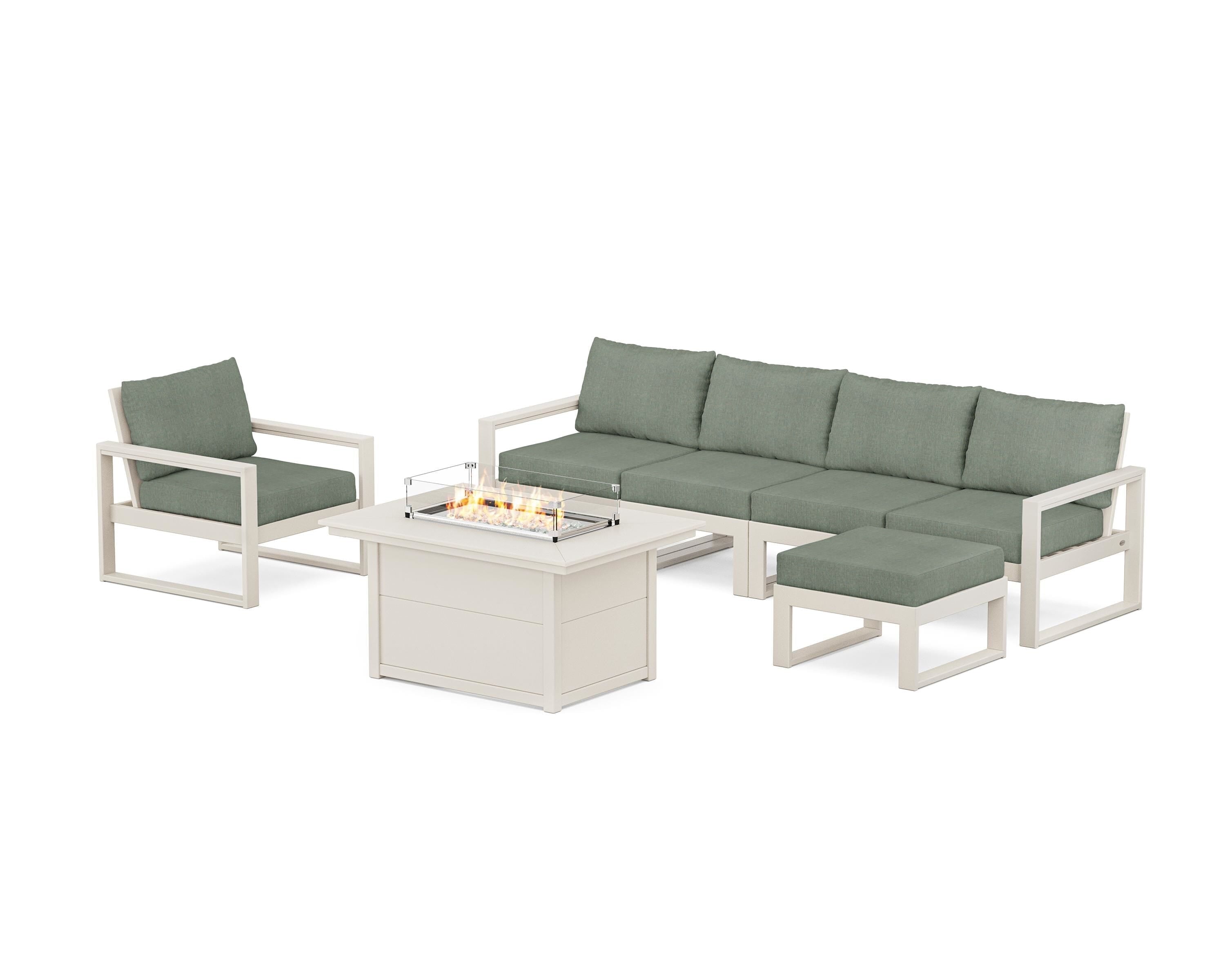 POLYWOOD® EDGE Sectional Lounge and Fire Pit Set in Sand / Cast Sage