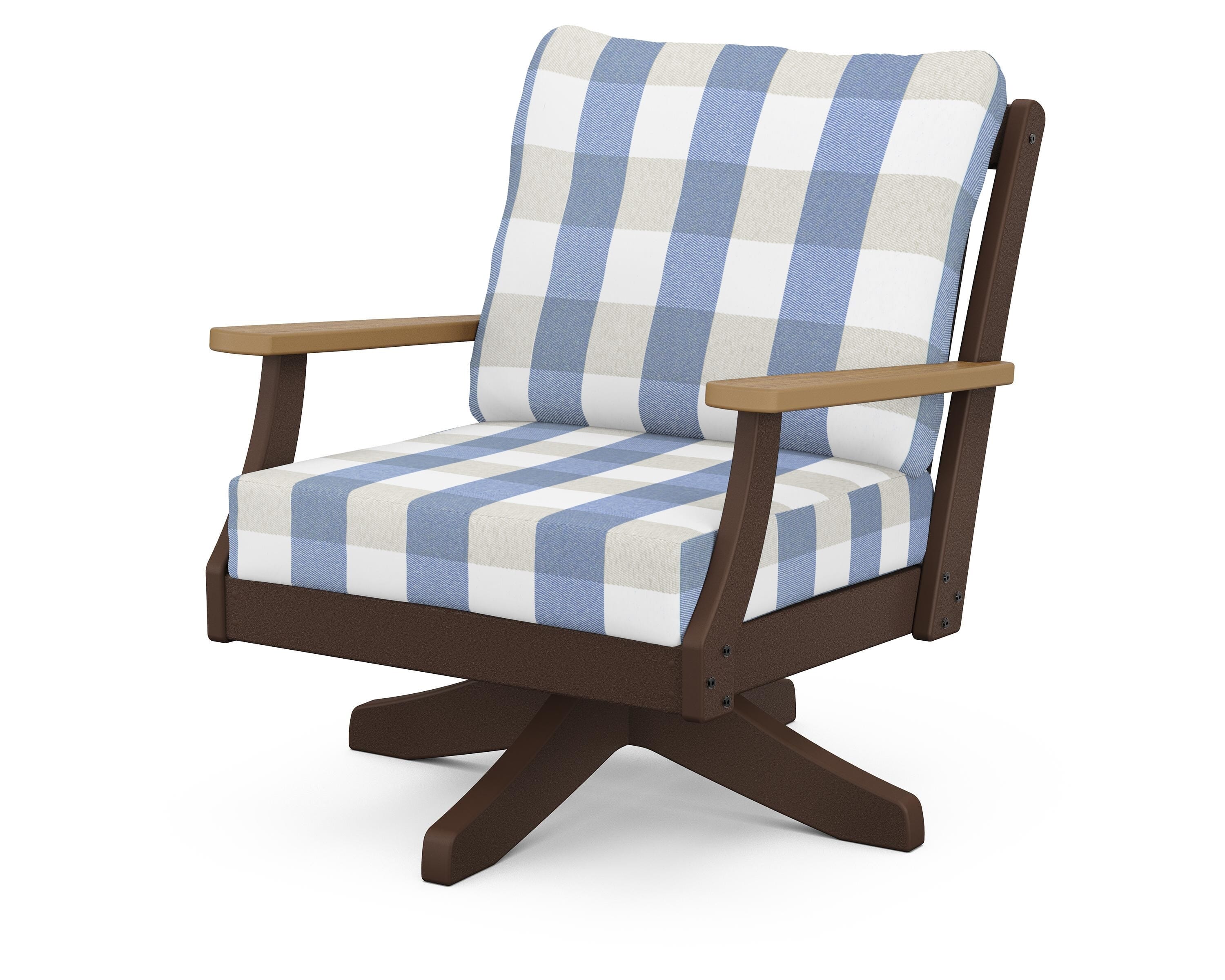 POLYWOOD® Braxton Deep Seating Swivel Chair in Mahogany / Natural / Buffalo Plaid Sky Blue