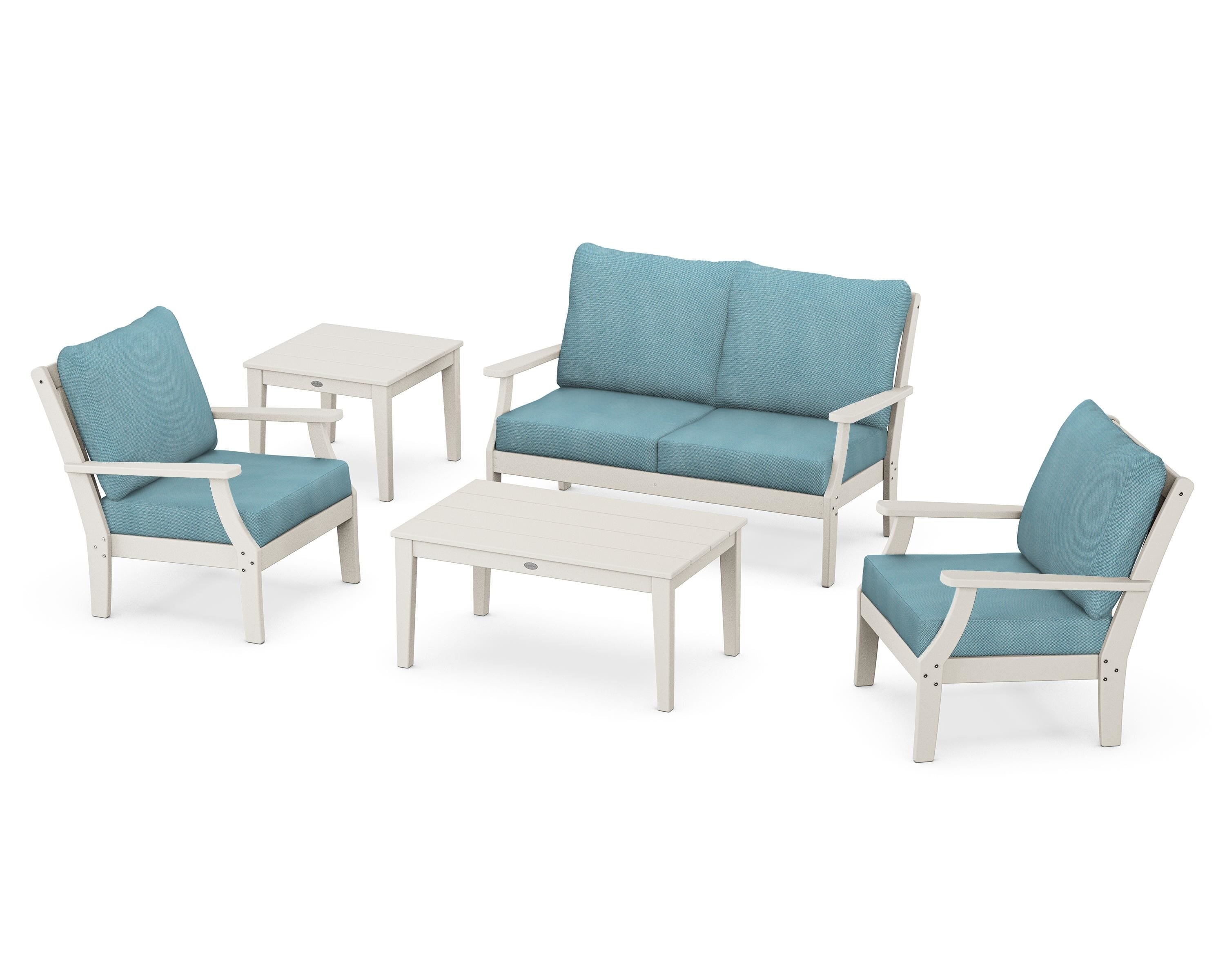 POLYWOOD® Braxton 5-Piece Deep Seating Set in Sand / Lattice Sky Blue