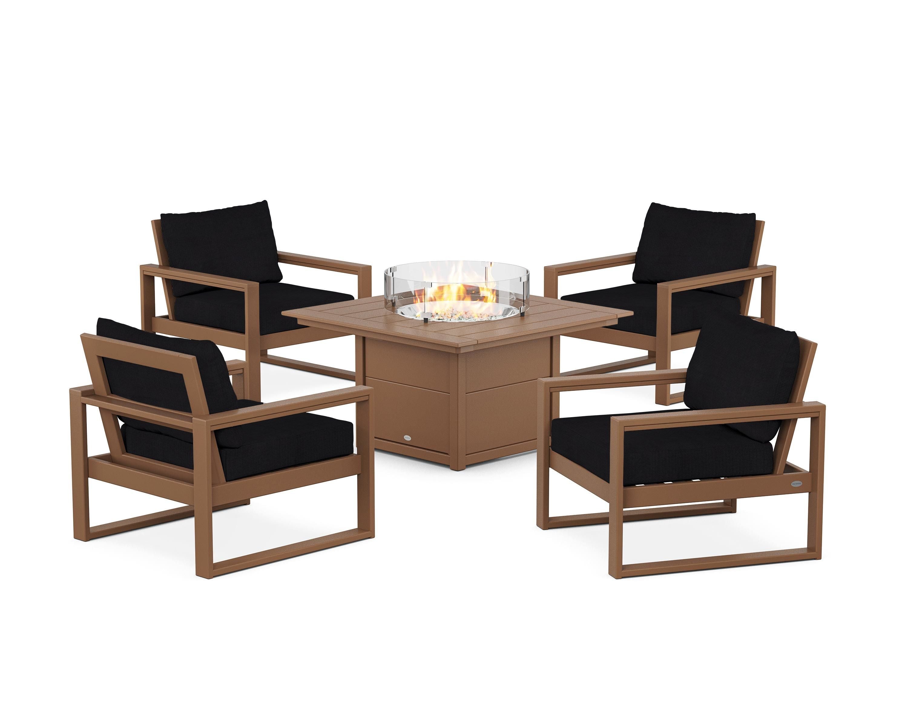 POLYWOOD® EDGE Sectional 5-Piece Deep Seating Set with Fire Pit Table in Teak / Midnight Linen