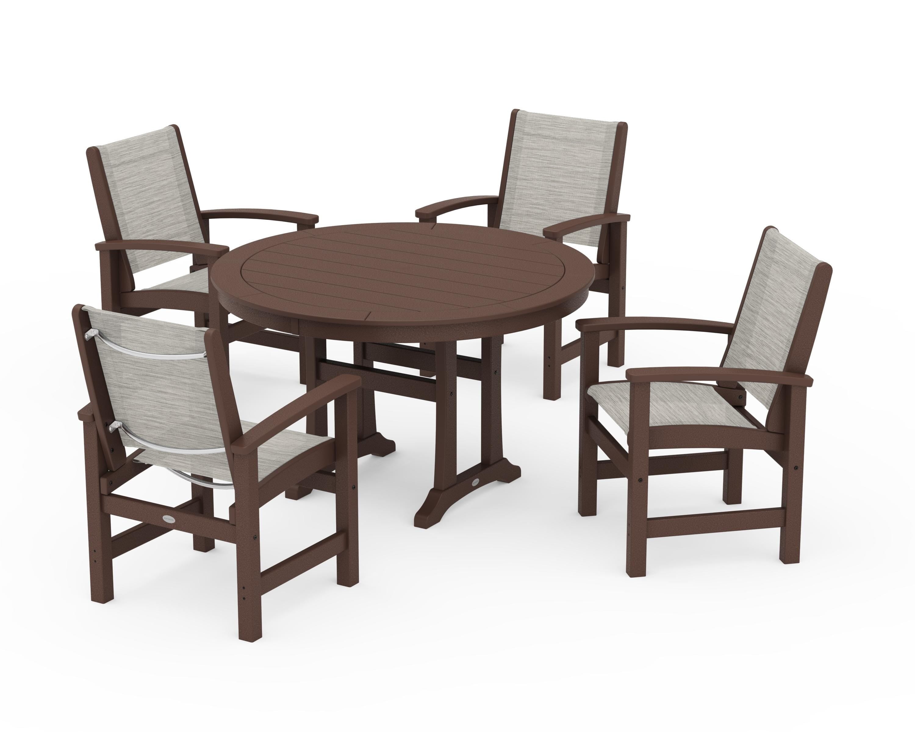 POLYWOOD® Coastal 5-Piece Round Dining Set with Trestle Legs in Mahogany / Birch Sling
