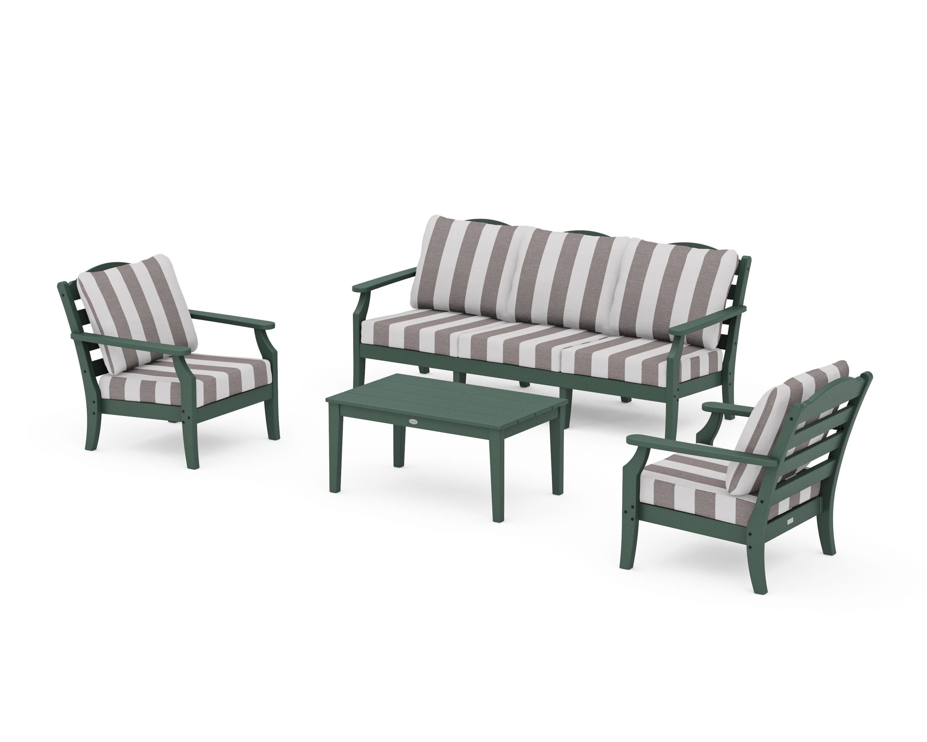 Draper James™ by POLYWOOD® Savannah 4-Piece Deep Seating Set with Sofa in Green / Cabana Stripe Grey Mist