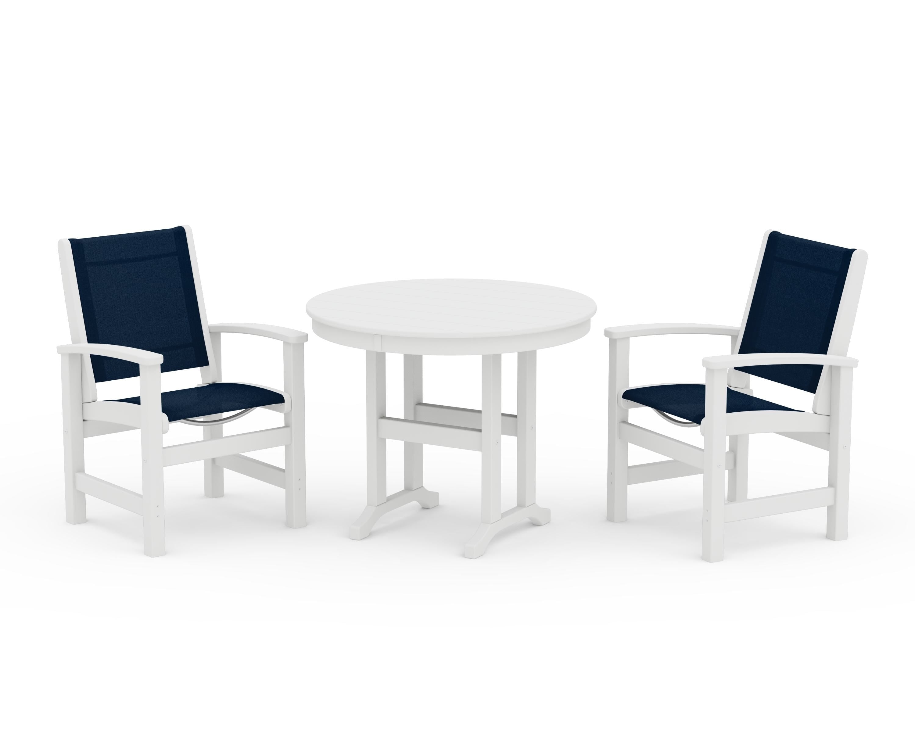 POLYWOOD® Coastal 3-Piece Round Dining Set in White / Navy Blue Sling