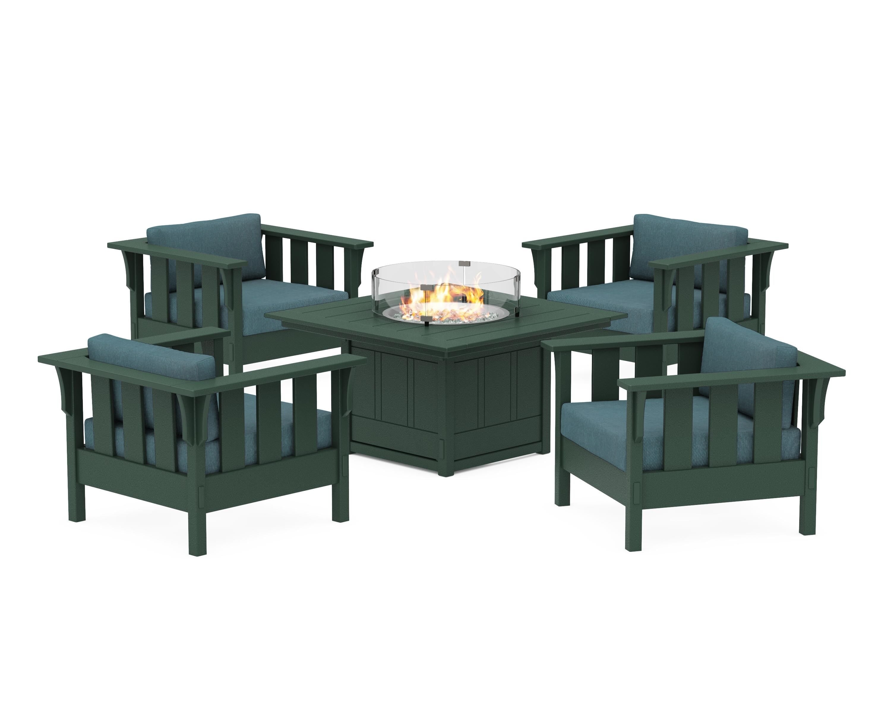 Martha Stewart by POLYWOOD® Acadia 5-Piece Deep Seating Set with Fire Pit Table in Green / Ocean Teal